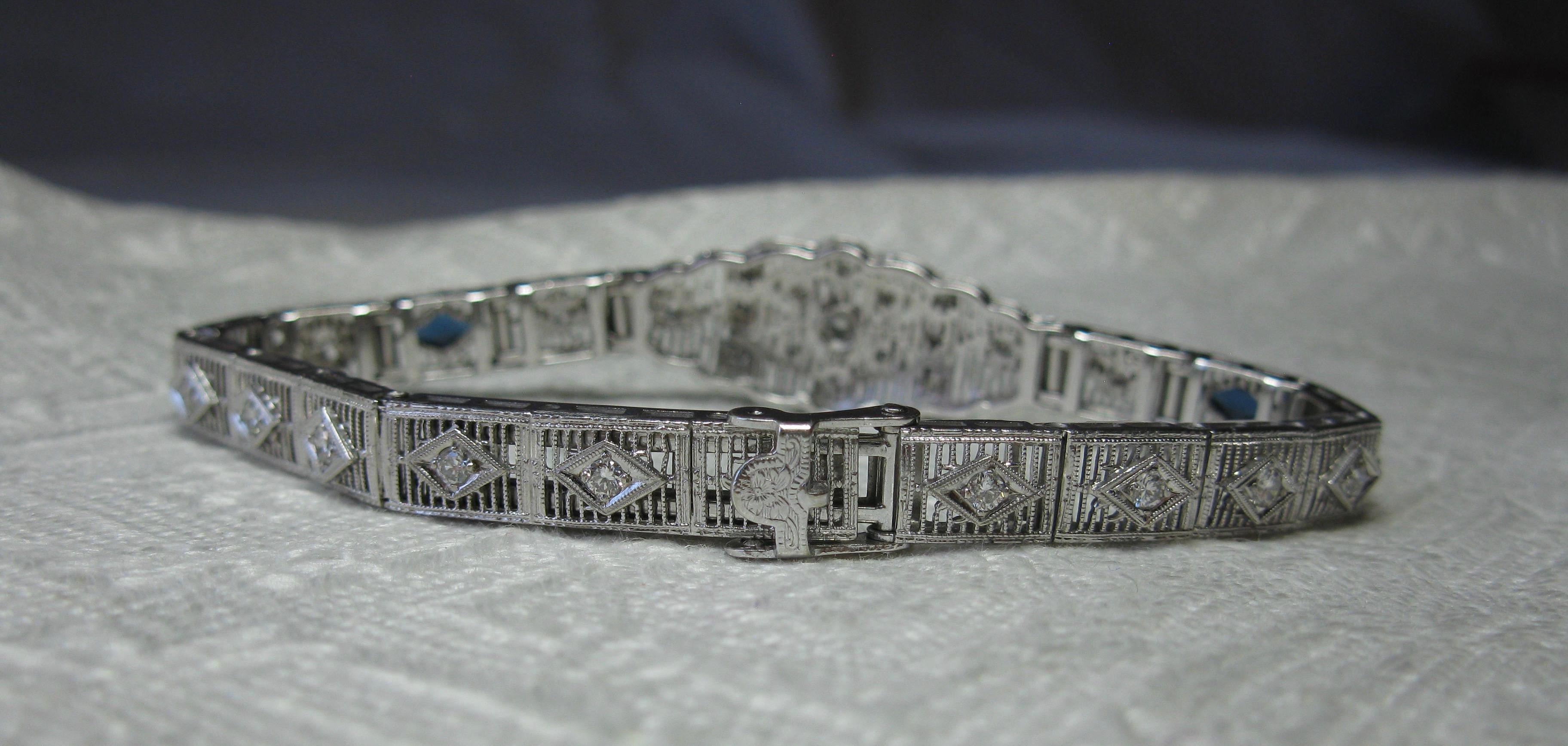 Art Deco Diamond Sapphire Bracelet Filigree White Gold Gorgeous 5