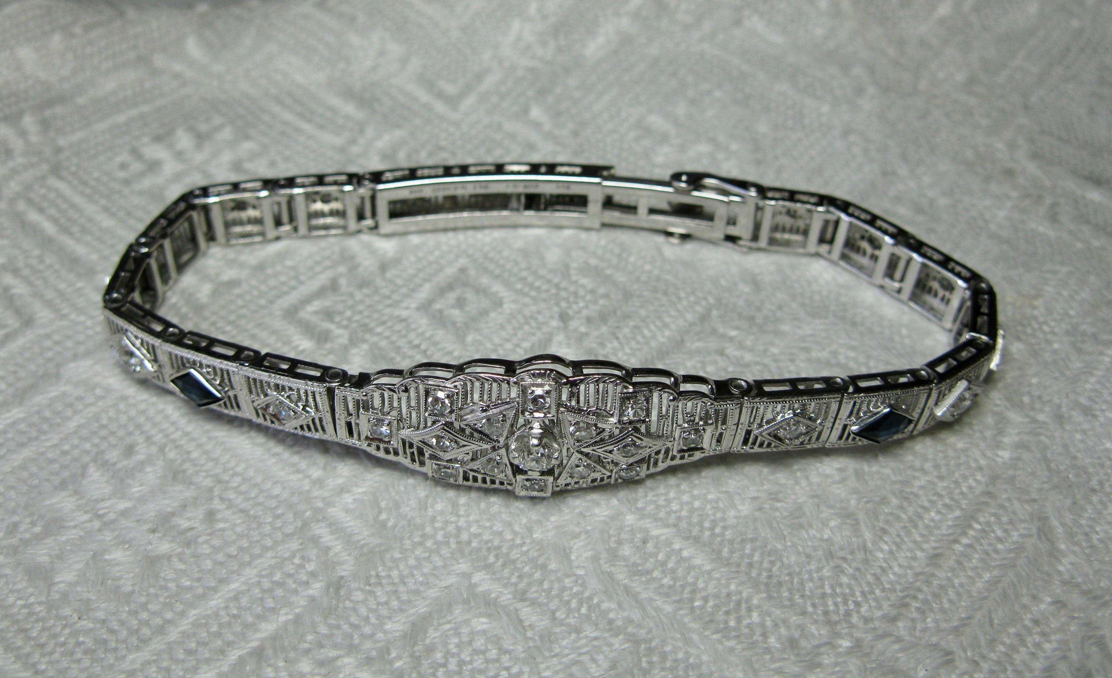 Art Deco Diamond Sapphire Bracelet Filigree White Gold Gorgeous 8