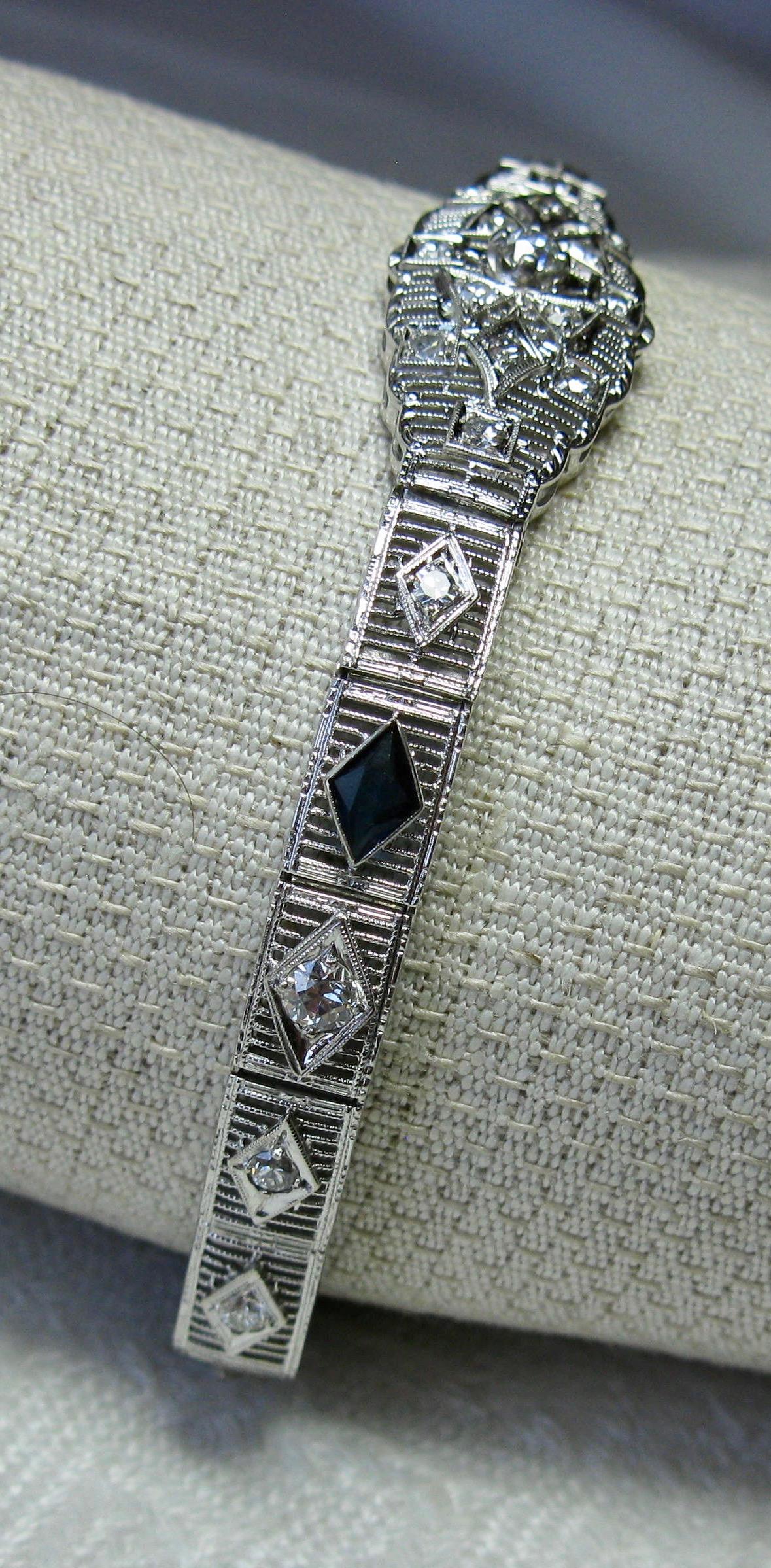Art Deco Diamond Sapphire Bracelet Filigree White Gold Gorgeous In Good Condition In New York, NY