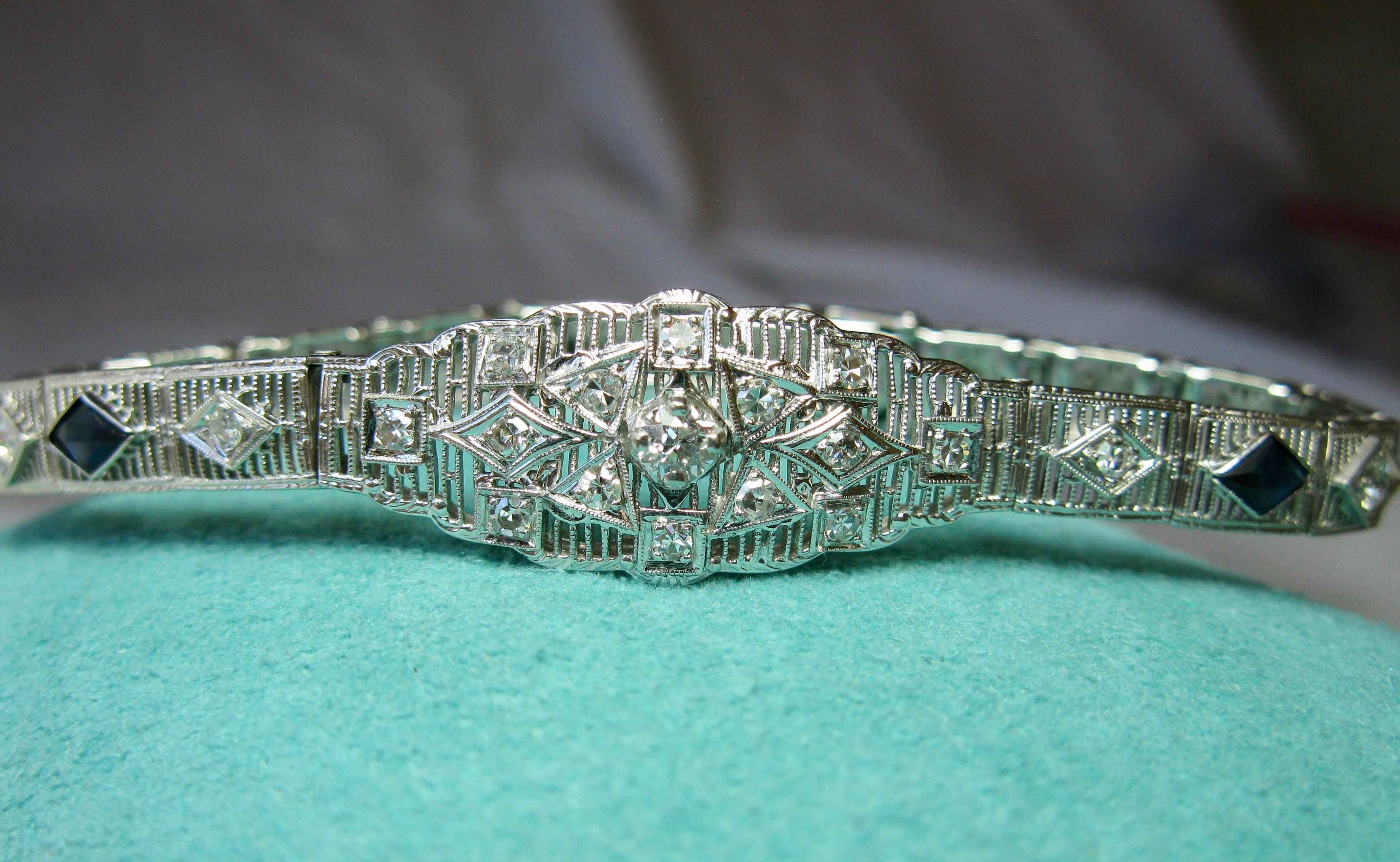 Women's Art Deco Diamond Sapphire Bracelet Filigree White Gold Gorgeous