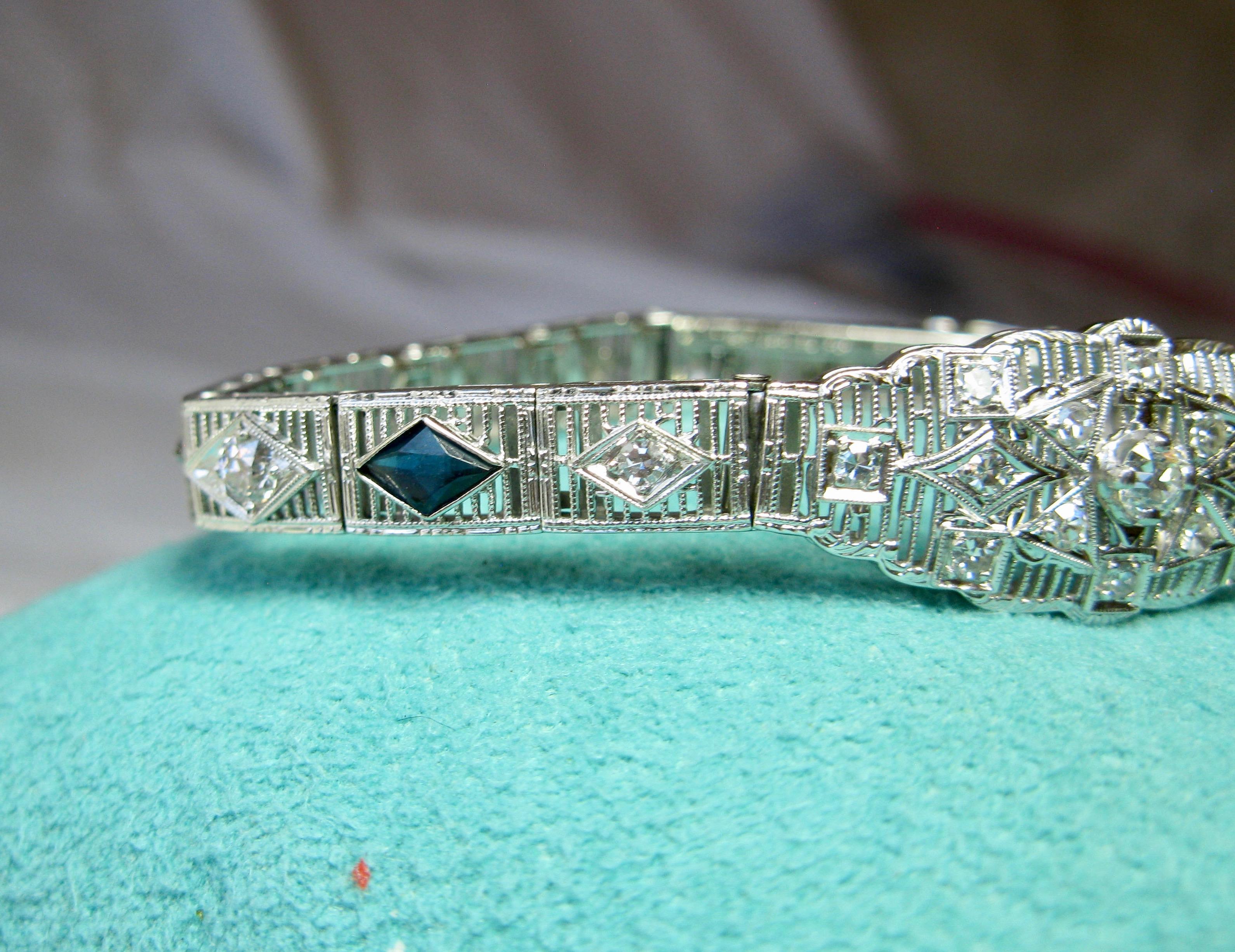 Art Deco Diamond Sapphire Bracelet Filigree White Gold Gorgeous 1