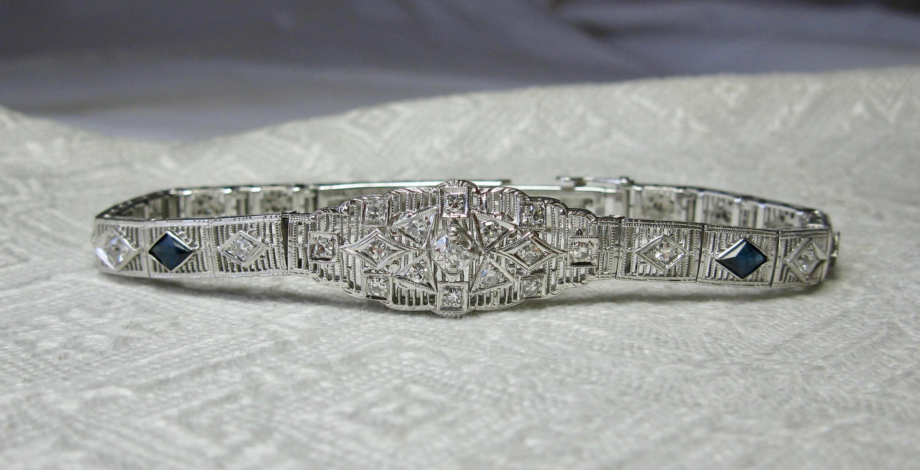 Art Deco Diamond Sapphire Bracelet Filigree White Gold Gorgeous 2