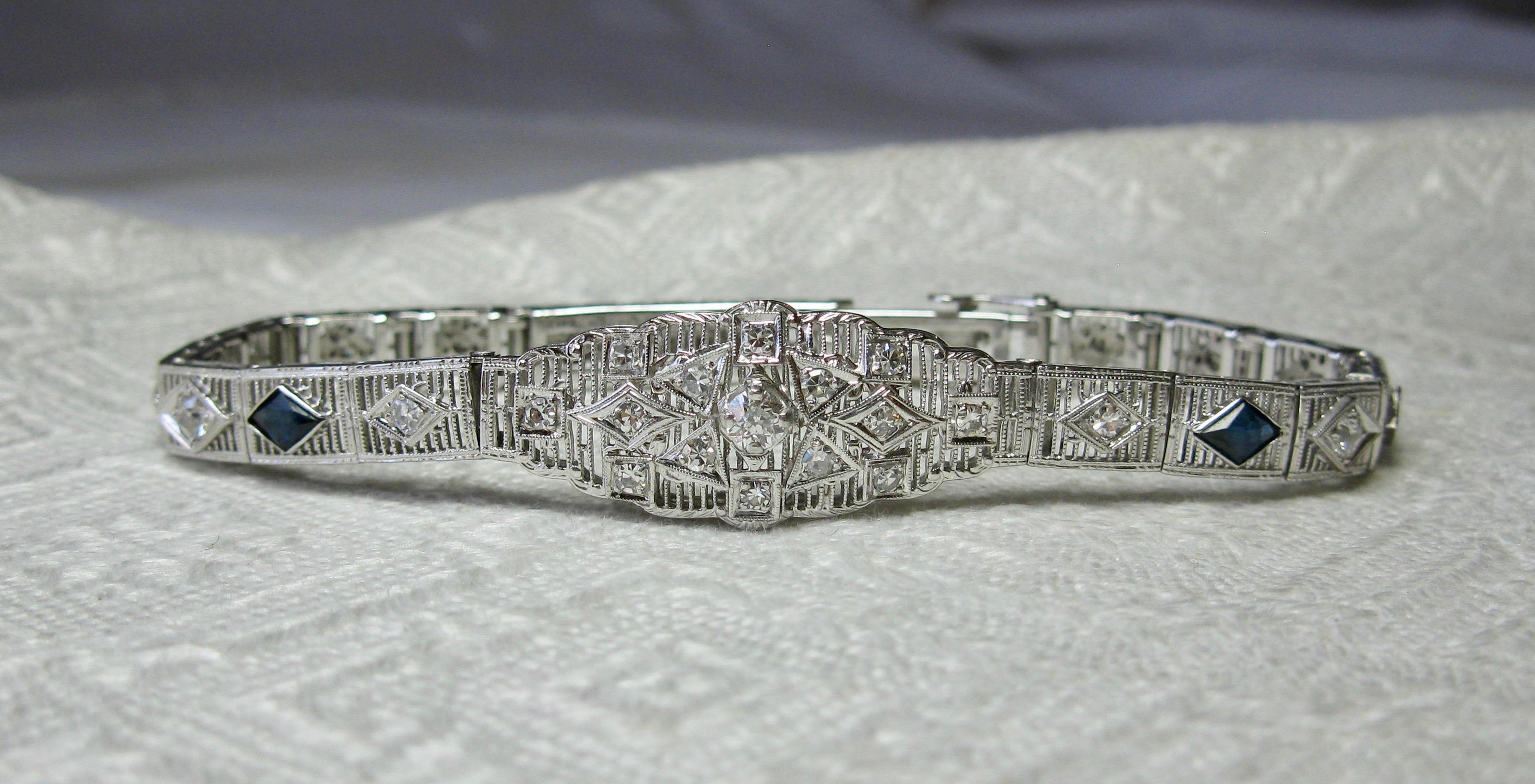 Art Deco Diamond Sapphire Bracelet Filigree White Gold Gorgeous 2
