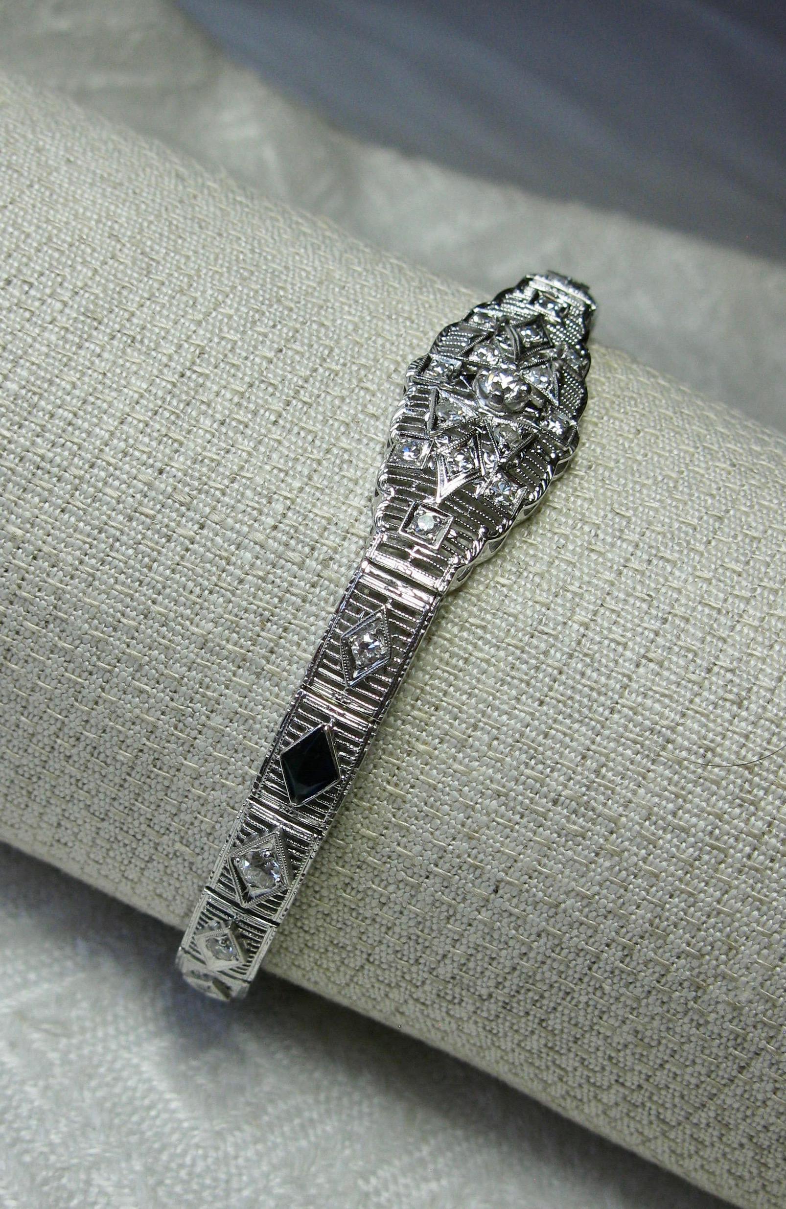 Art Deco Diamond Sapphire Bracelet Filigree White Gold Gorgeous 4