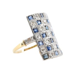 Art Deco Diamond & Sapphire Checkerboard Ring in Platinum, 18K Gold