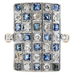 Art Deco Diamond & Sapphire Checkerboard Ring in Platinum, 18K Gold