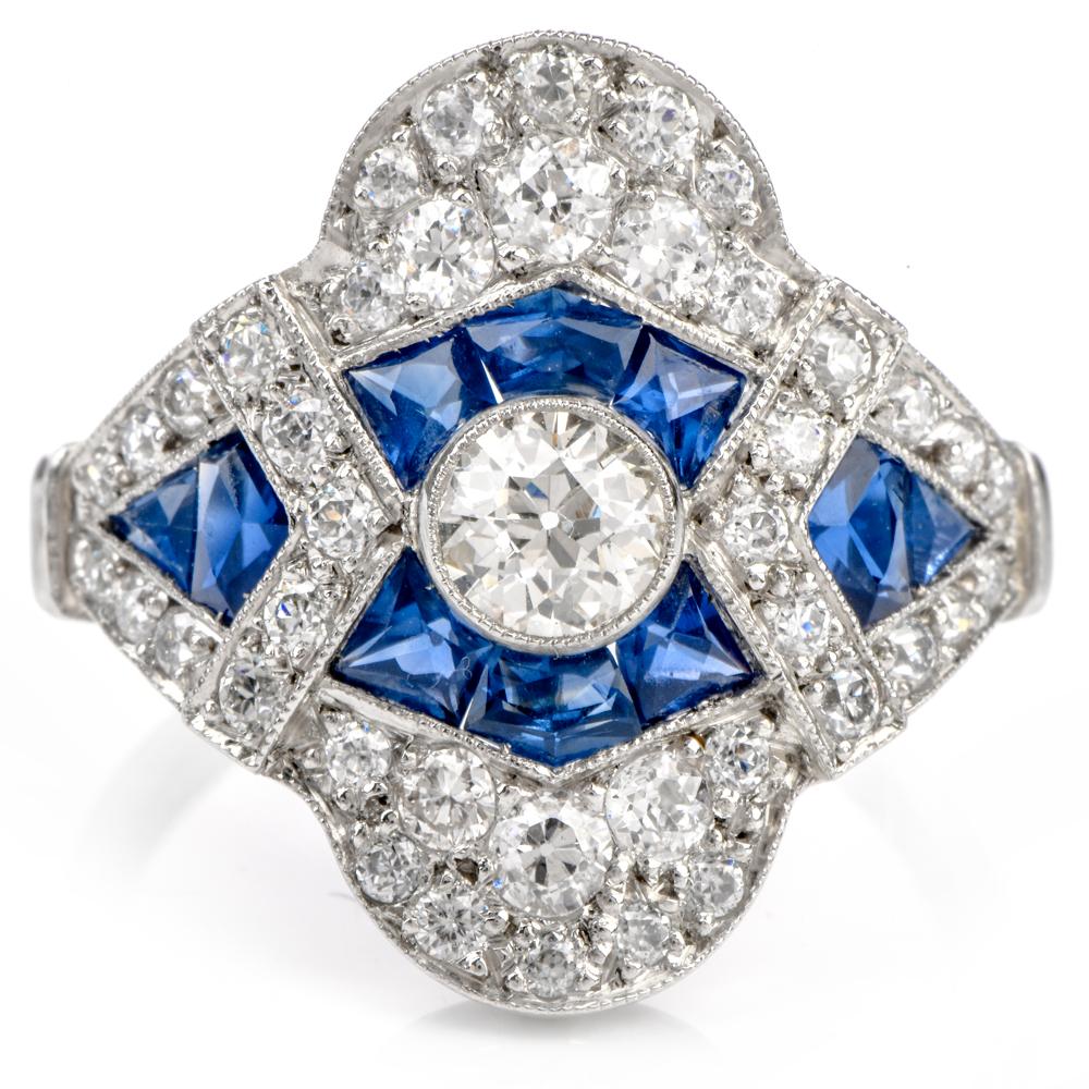 This Vintage art deco design ring boasts of vibrance and color all while 

offering a beautiful art deco pattern.

Featuring an Old European cut Diamond center and accented

with European cut Diamonds and calibrated French cut Sapphires.

Total