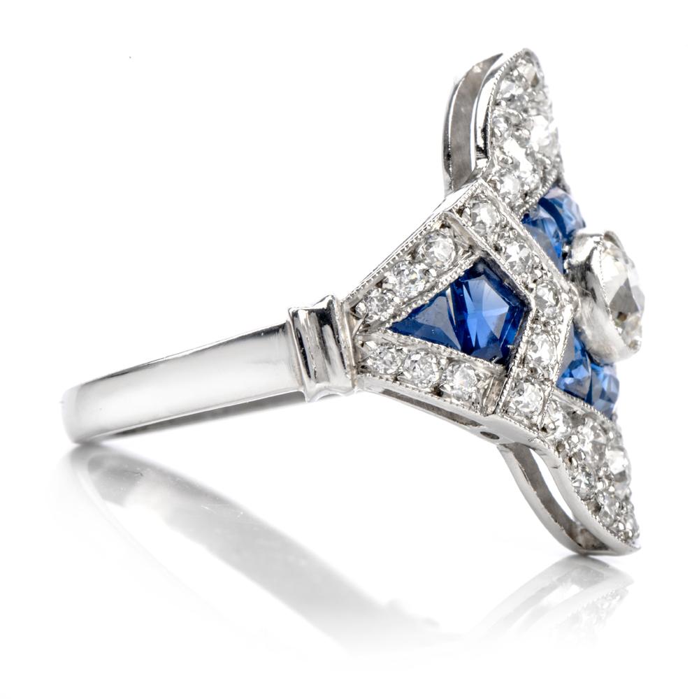 Art Deco Diamond Sapphire Cocktail Engagement Ring In Excellent Condition In Miami, FL
