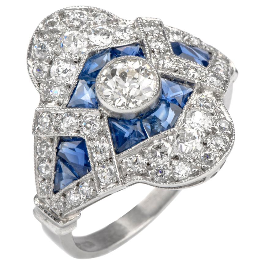 Art Deco Diamond Sapphire Cocktail Engagement Ring