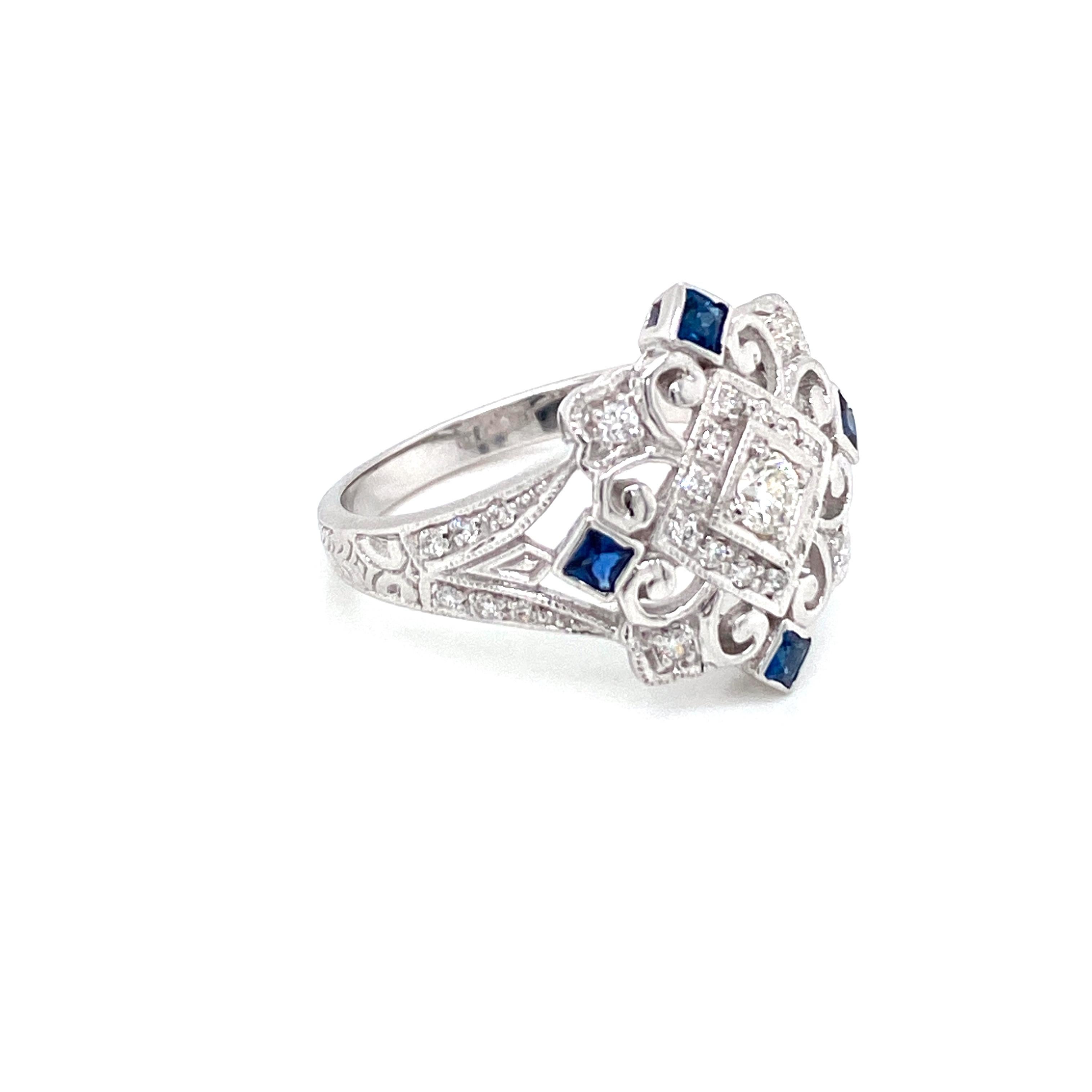 Women's or Men's Art Deco Style Diamond Sapphire Cocktail Ring For Sale