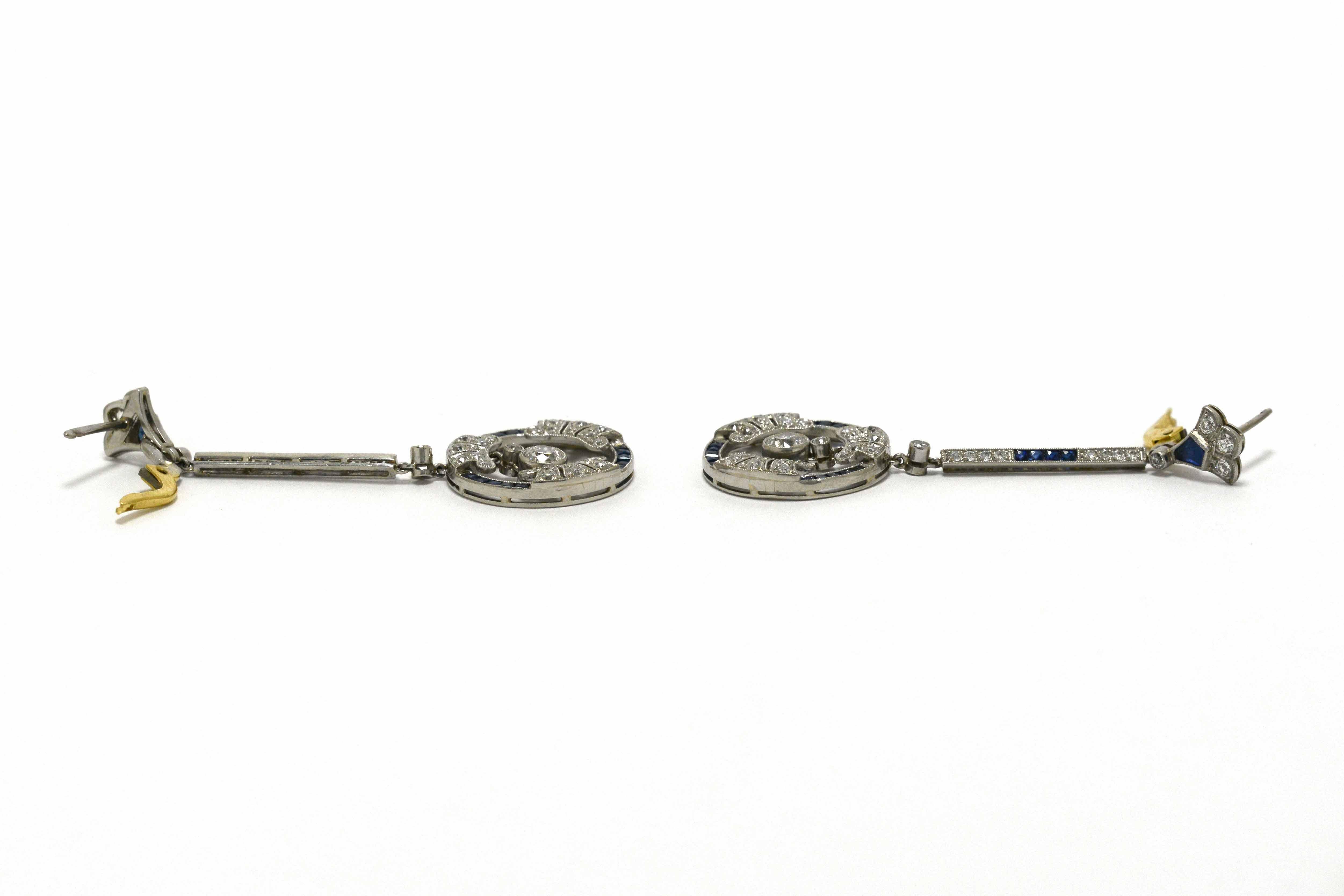 Art Deco Style Diamond Sapphire Earrings Dangle Drop Long French Cut Estate In Excellent Condition In Santa Barbara, CA