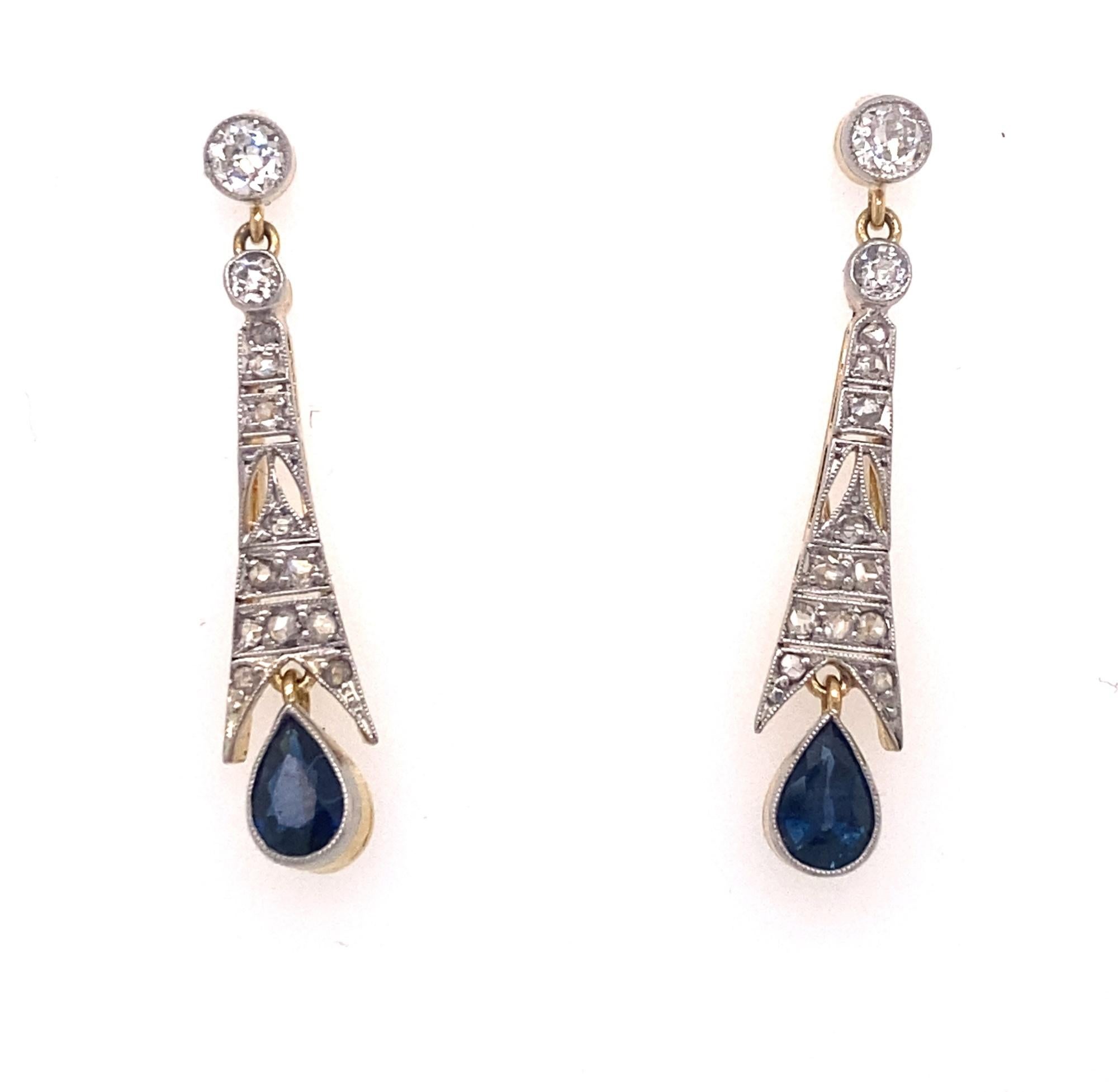 Pear Cut Art Deco Diamond Sapphire Dangle Earrings Platinum 18K Gold For Sale