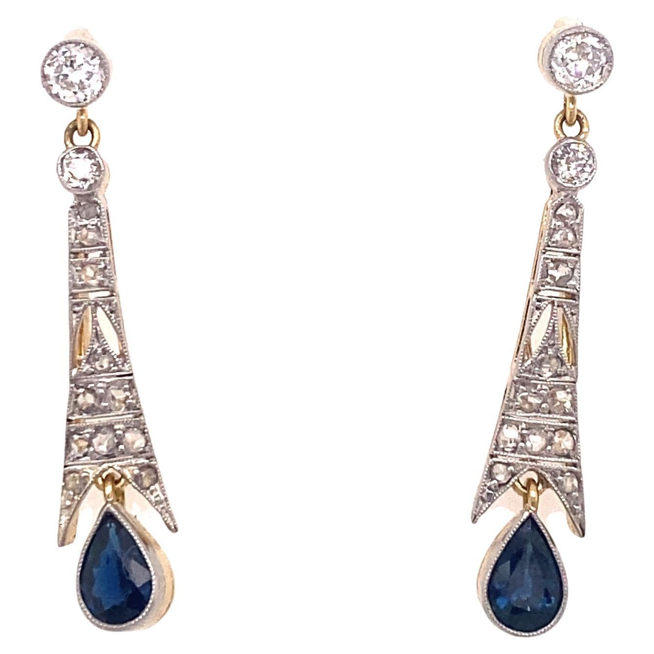 Art Deco Diamond Sapphire Dangle Earrings Platinum 18K Gold