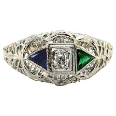 Art Deco Diamond Sapphire Emerald Engagement Ring .30ct French Cut 18K