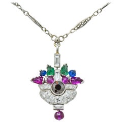 Art Deco Diamond Sapphire Emerald Ruby Platinum Tutti Frutti Pendant Necklace