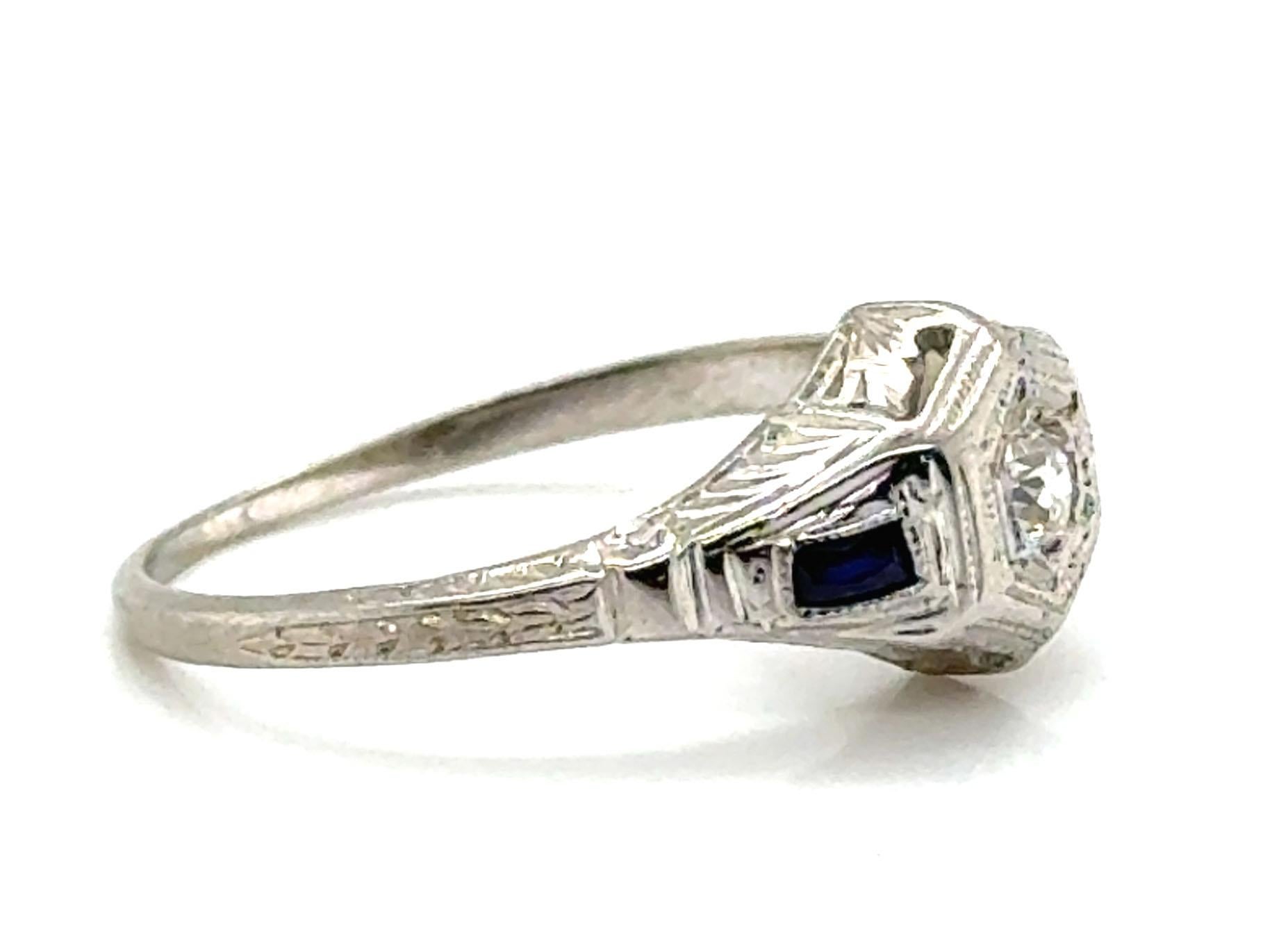 Art Deco Diamant-Saphir-Verlobungsring .20 Karat Französischer Schliff Original 1930er Jahre 18K (Alteuropäischer Schliff)