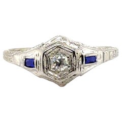 Art Deco Diamant-Saphir-Verlobungsring .20 Karat Französischer Schliff Original 1930er Jahre 18K