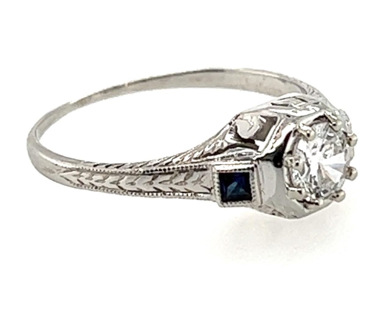Round Cut Art Deco Diamond Sapphire Engagement Ring .55ct Antique 18k Original 1920s