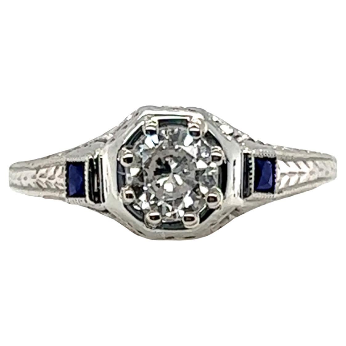 Art Deco Diamond Sapphire Engagement Ring .55ct Antique 18k Original 1920s