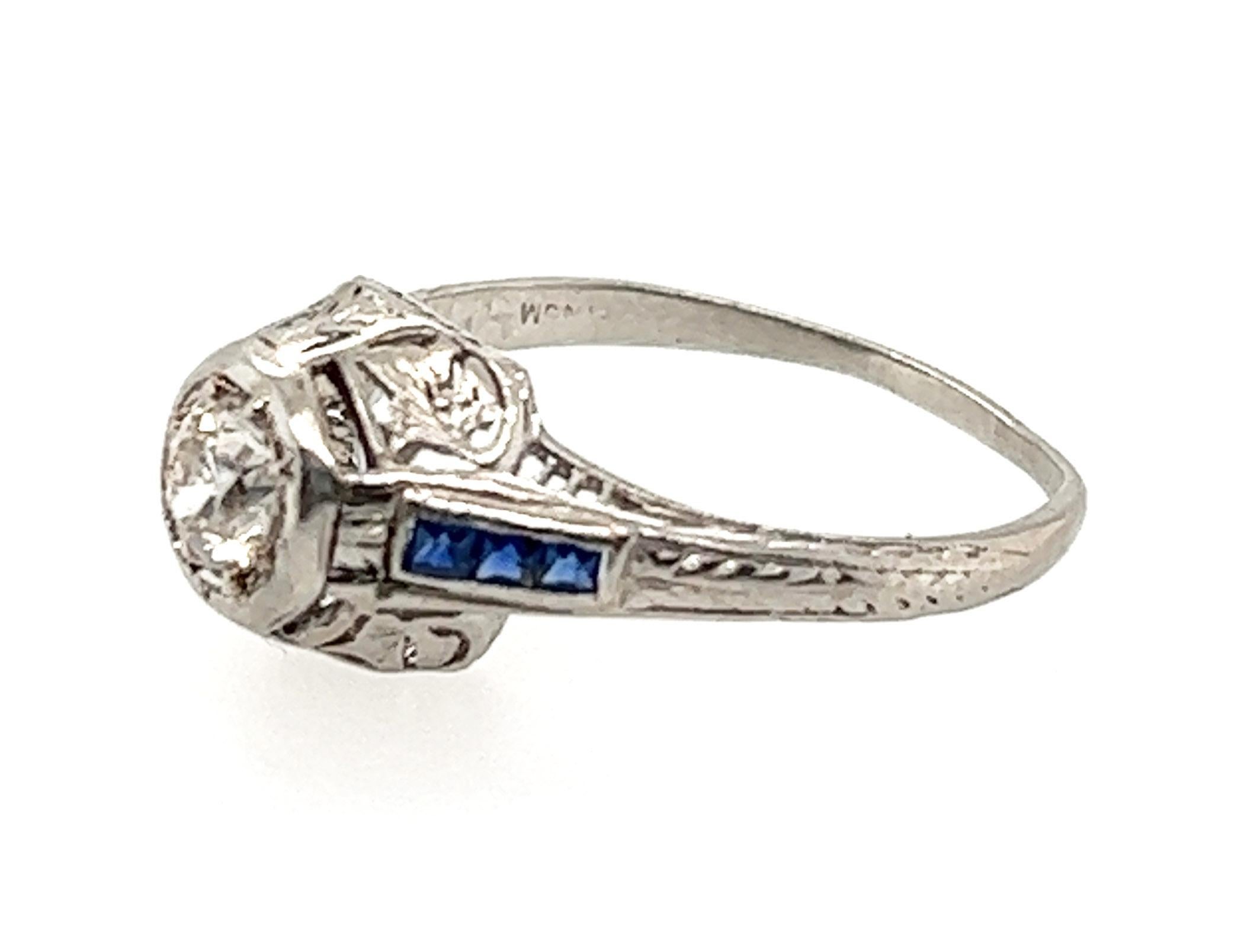 Art Deco Diamant-Saphir-Verlobungsring .65 Karat Platin Alt Euro Original 1920 (Art déco)