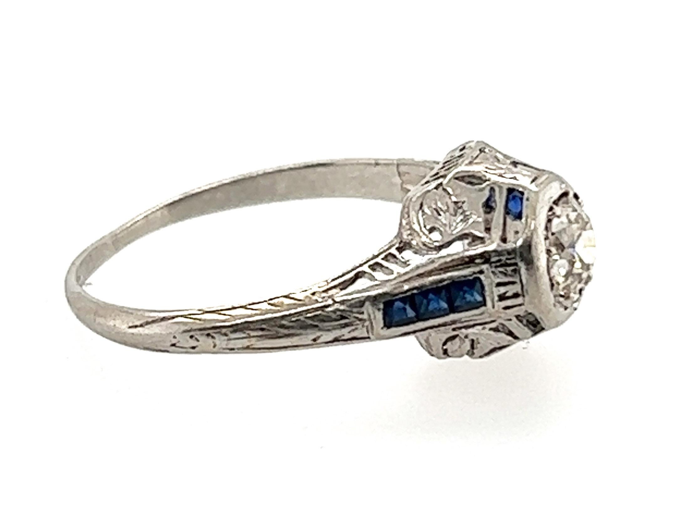 Art Deco Diamant-Saphir-Verlobungsring .65 Karat Platin Alt Euro Original 1920 (Alteuropäischer Schliff)