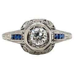 Art Deco Diamond Sapphire Engagement Ring .65ct Platinum Old Euro Original 1920