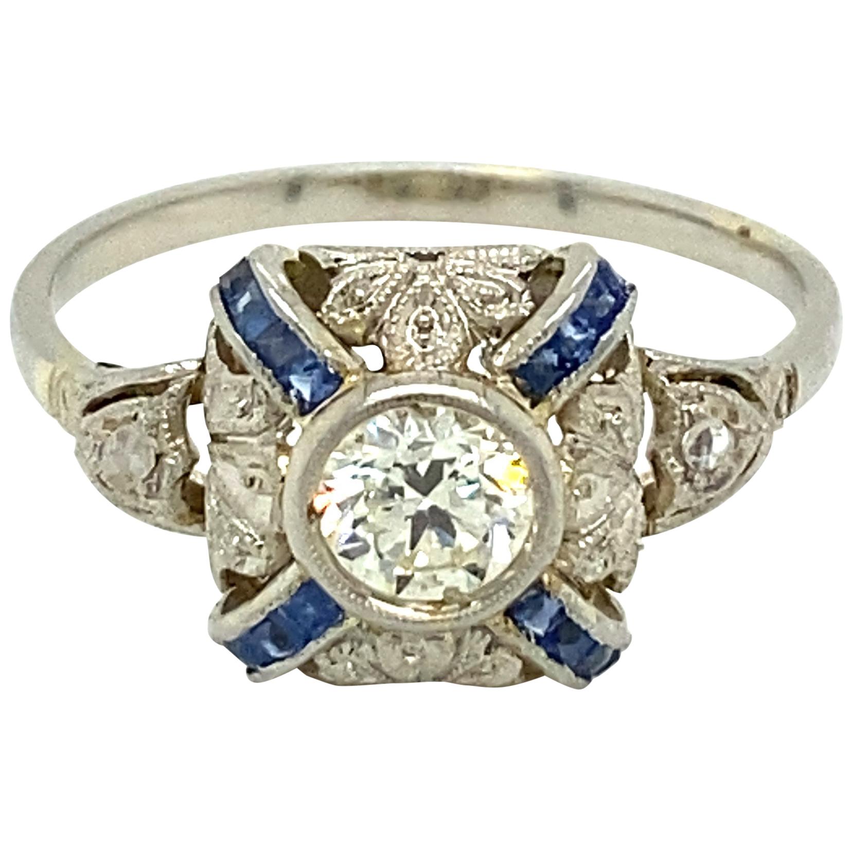 Stylish Art Deco Style Diamond and Natural Sapphire Engagement Ring For Sale at 1stDibs