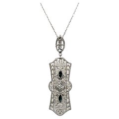 Art Deco Diamond Sapphire Filigree 14 Karat White Gold Pendant Necklace