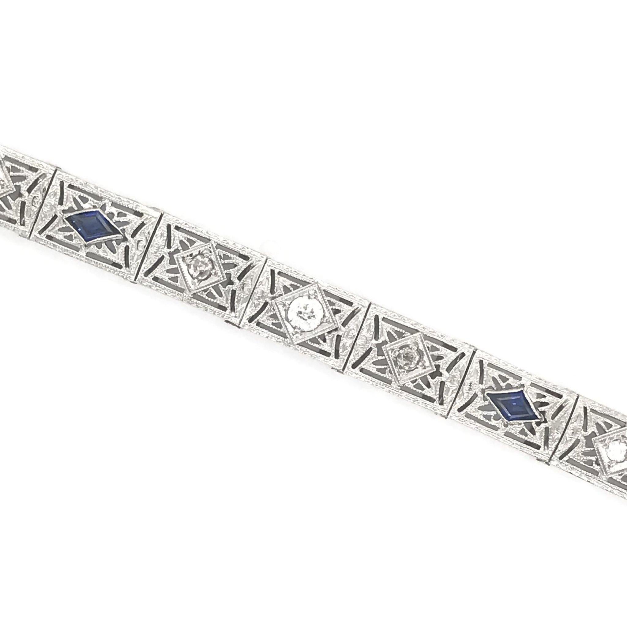 Round Cut Art Deco Diamond and Sapphire Filigree Bracelet