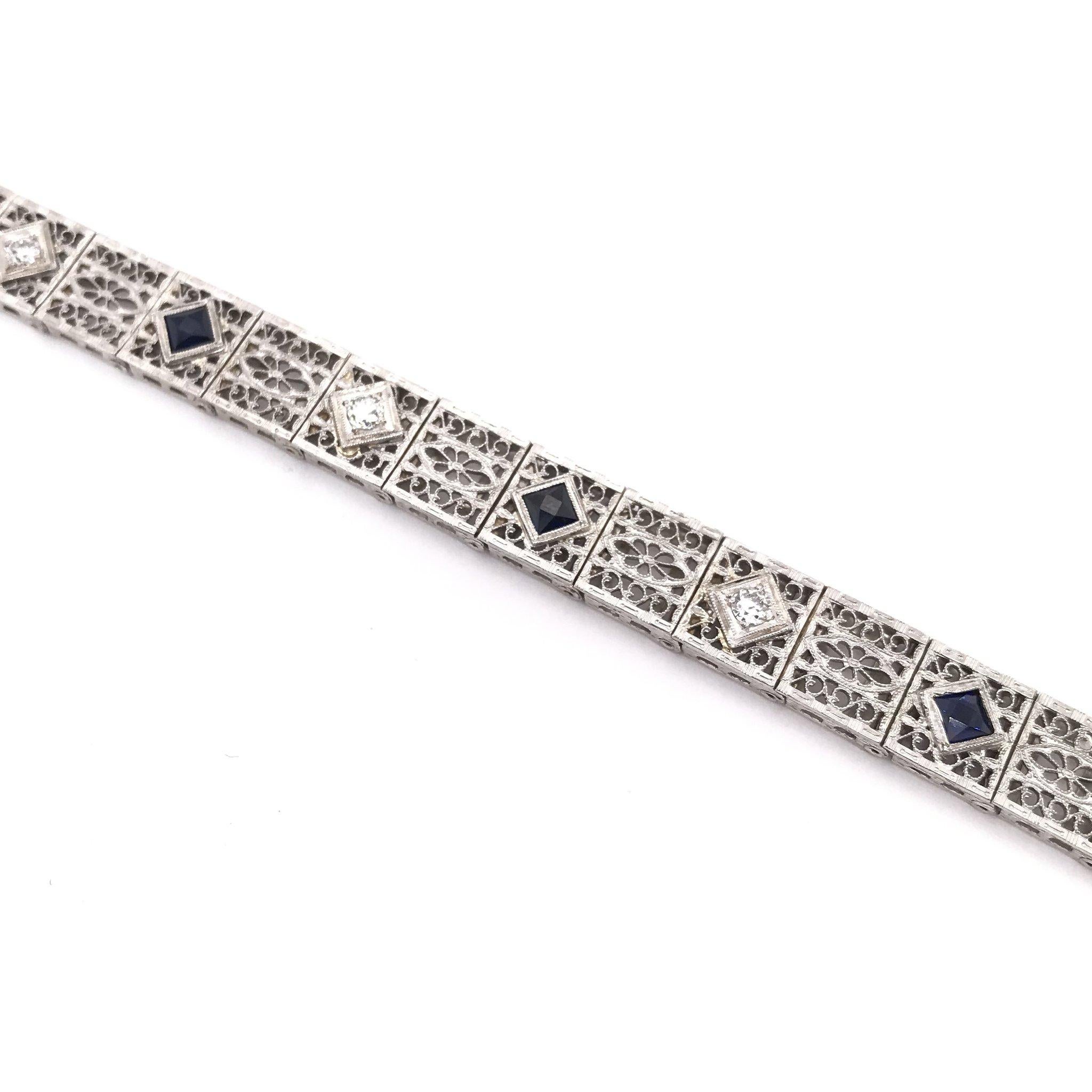 Square Cut Art Deco Diamond & Sapphire Filigree Bracelet