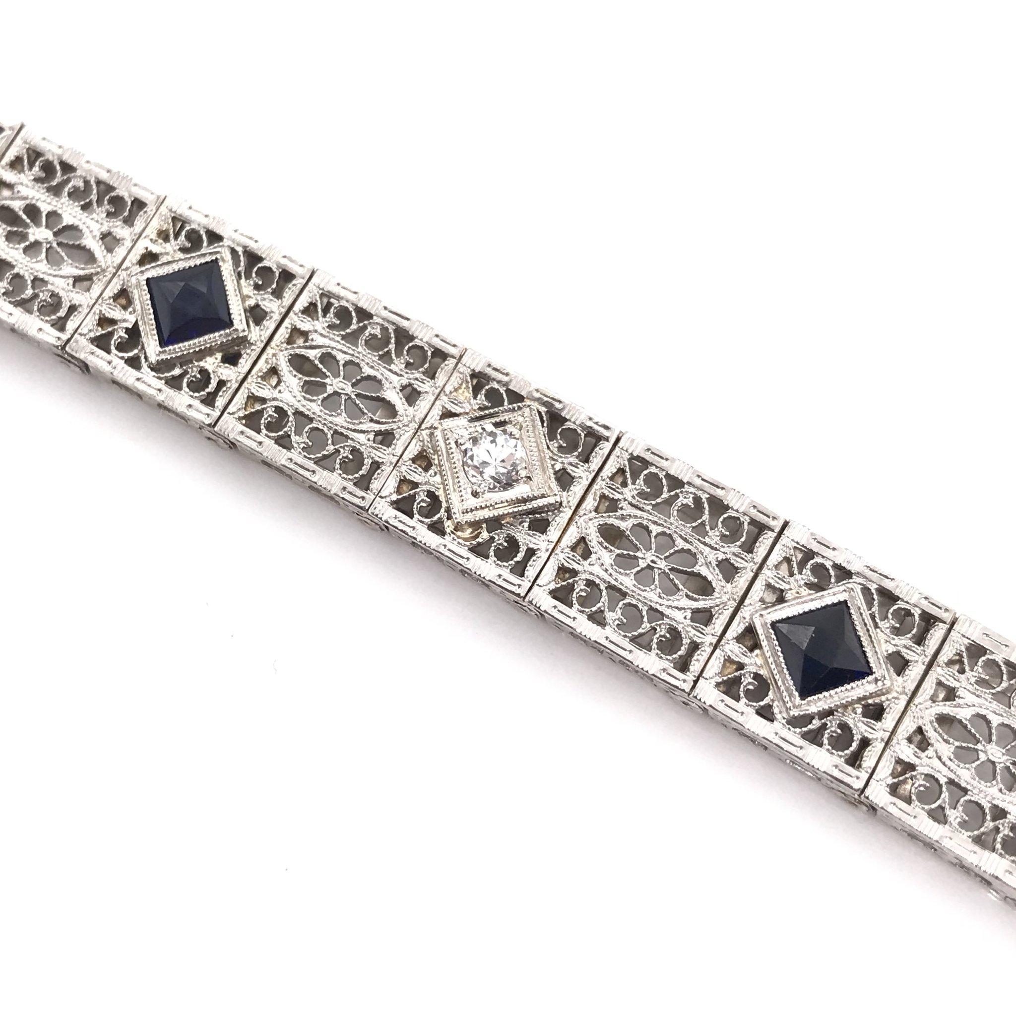 Art Deco Diamond & Sapphire Filigree Bracelet In Good Condition In Montgomery, AL