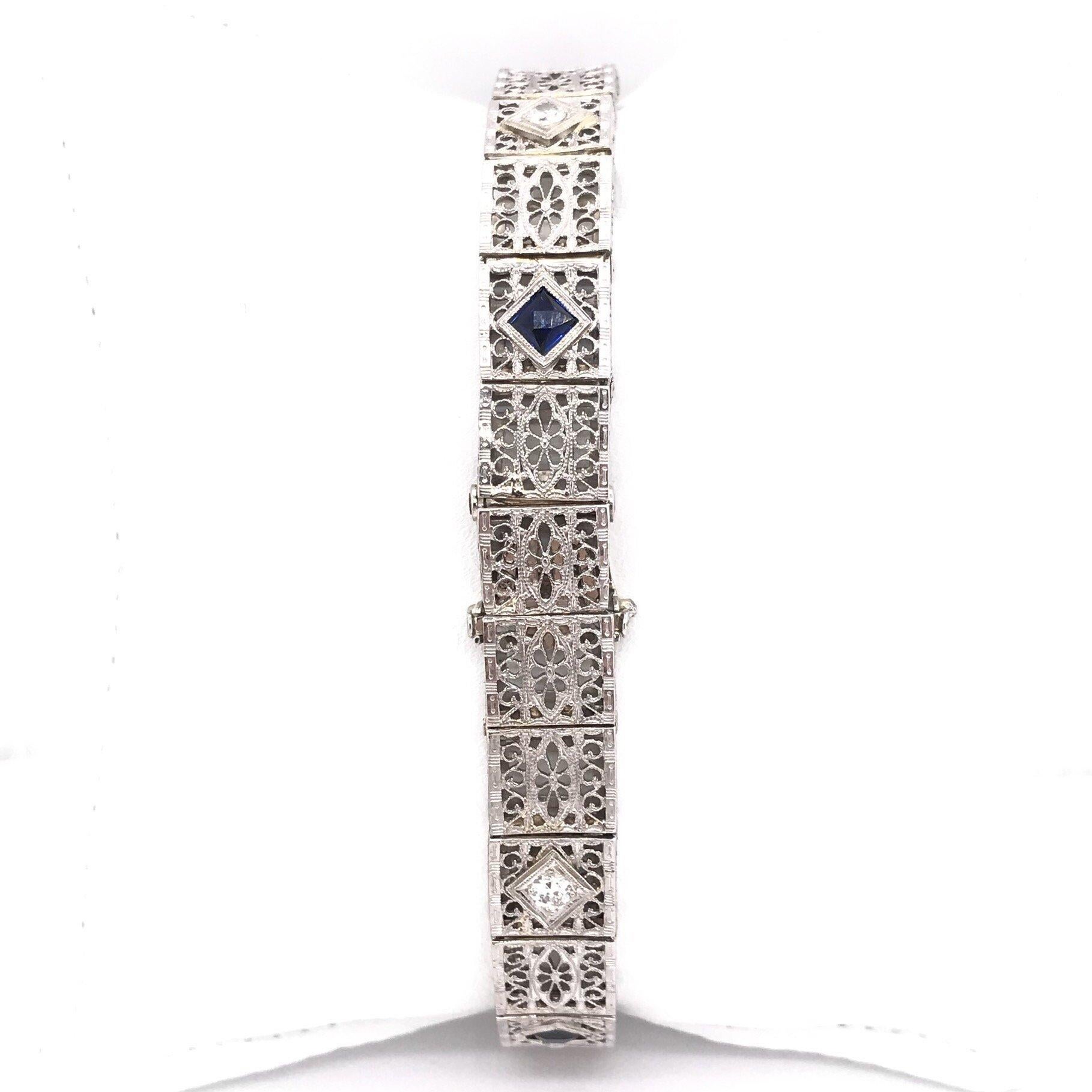 Art Deco Diamond & Sapphire Filigree Bracelet 1