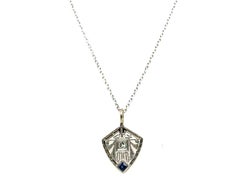 Art Deco Diamond Sapphire Filigree Necklace Pendant .23ct Platinum Original 1920