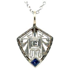 Art Deco Diamond Sapphire Filigree Necklace Pendant .23ct Platinum Original 1920