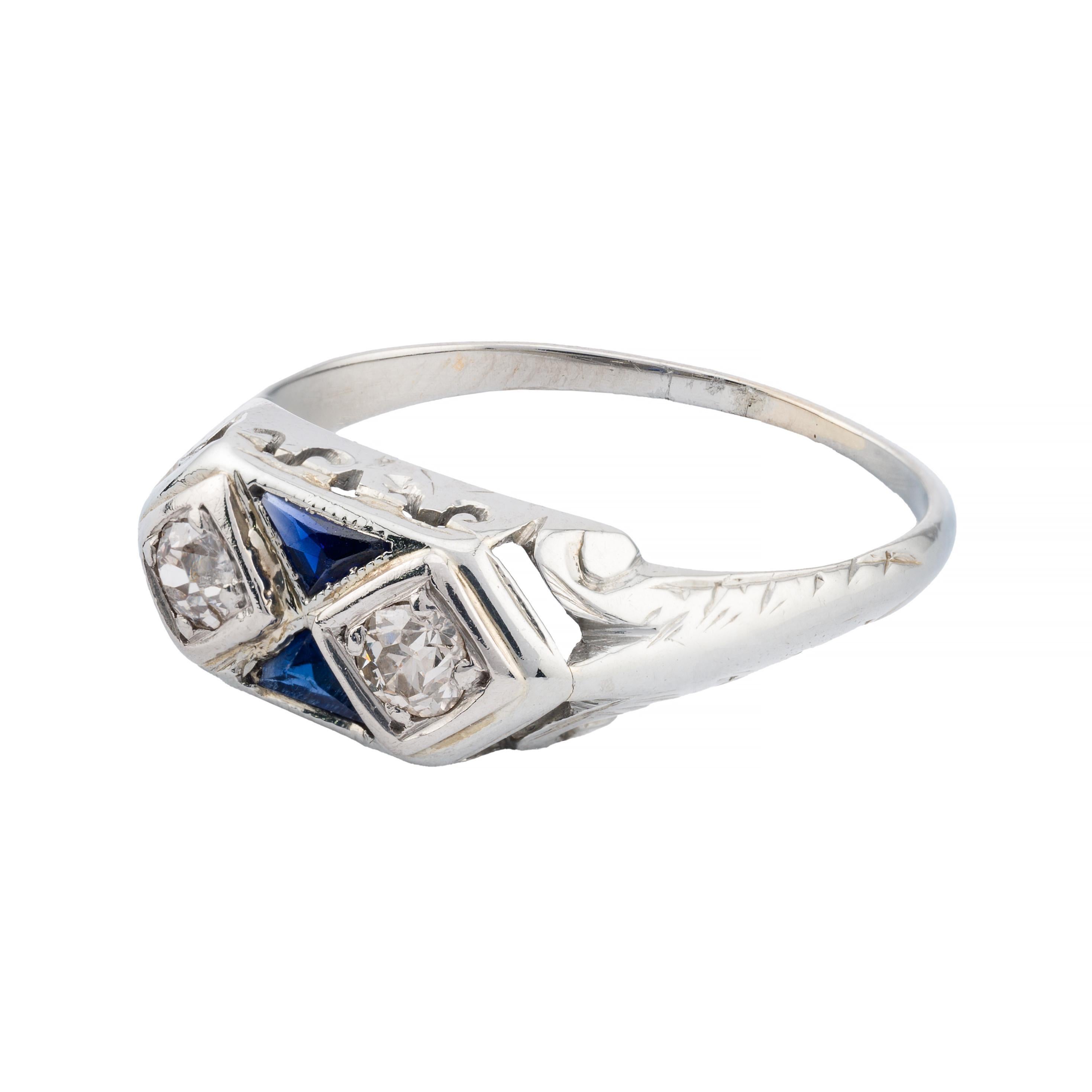 Old European Cut Art Deco Diamond & Sapphire Filigree Ring in 18K White Gold For Sale