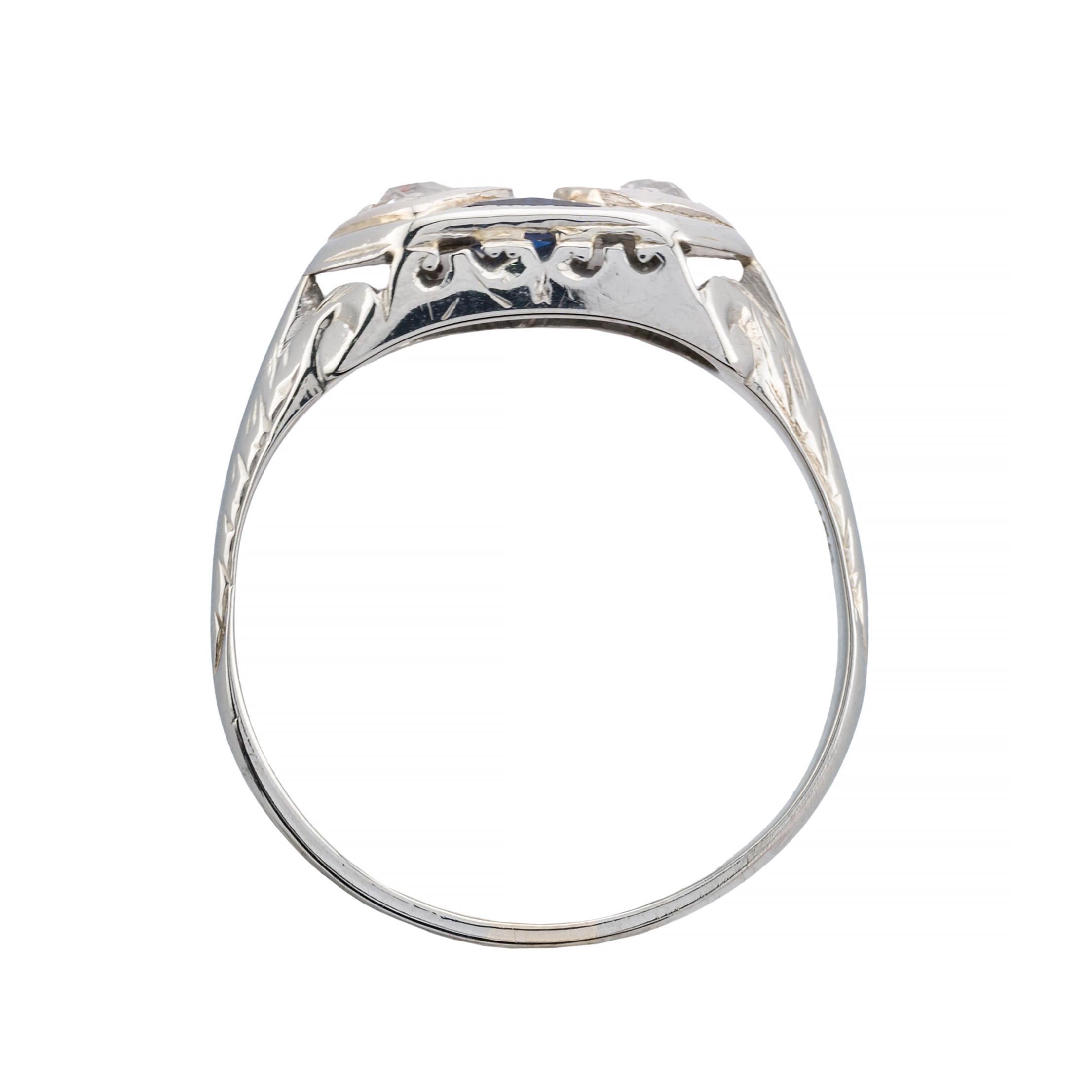 Women's Art Deco Diamond & Sapphire Filigree Ring in 18K White Gold For Sale