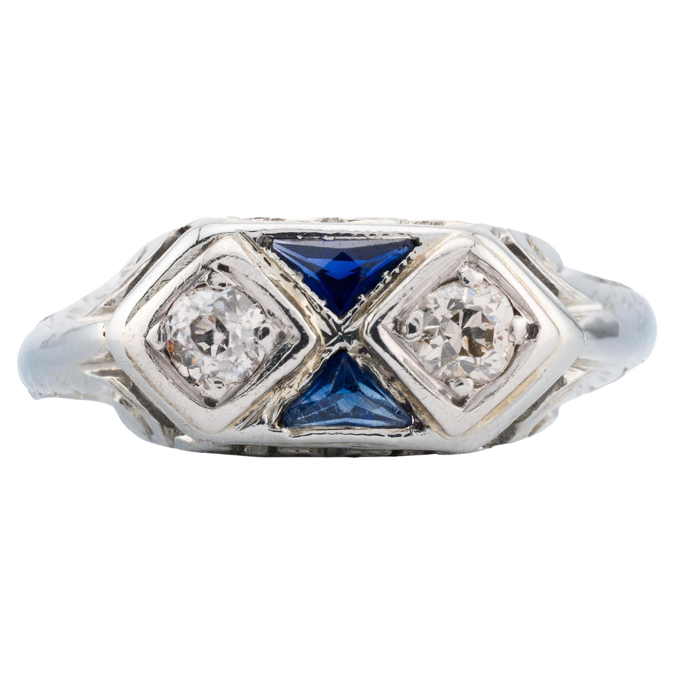 Art Deco Diamond & Sapphire Filigree Ring in 18K White Gold