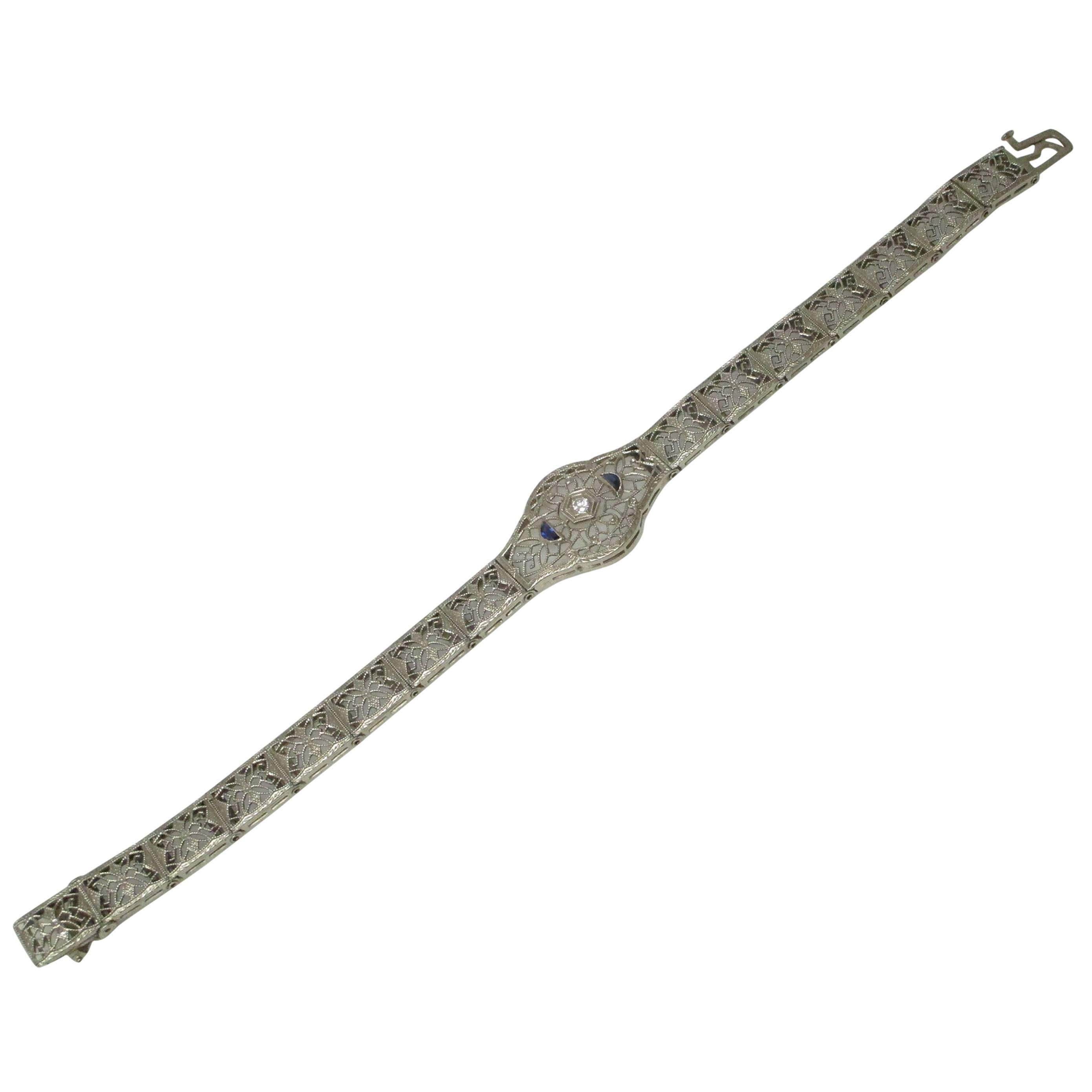 Art Deco Diamond Sapphire Filigree White Gold Bracelet