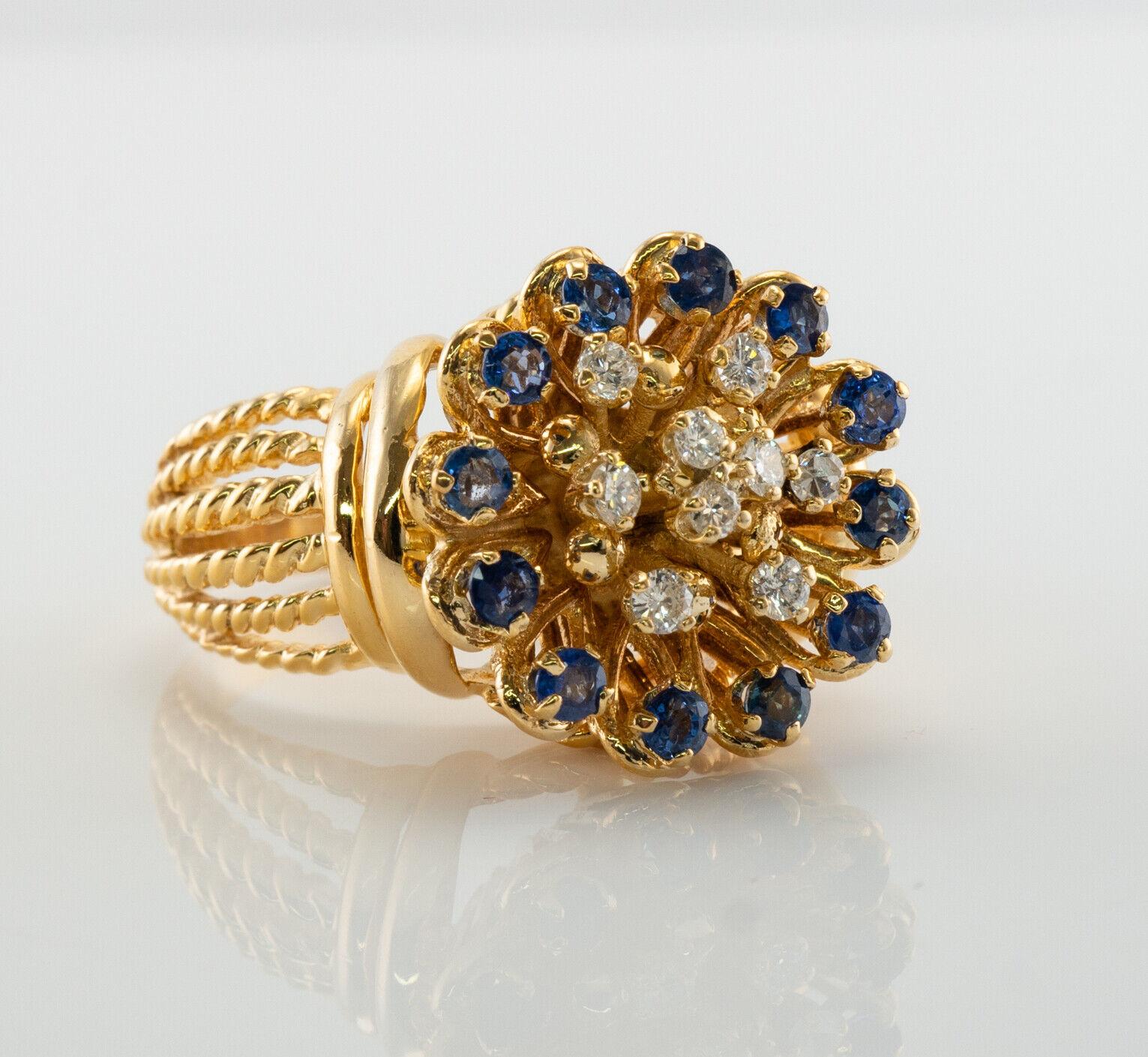 Art Deco Stil Diamant-Saphir-Blumenring 18K Goldband

Dieser wunderschöne Vintage-Ring ist aus massivem 18-karätigem Gelbgold gefertigt (sorgfältig geprüft und garantiert). Es gibt auch eine Inschrift auf der Innenseite des Schaftes. Die Spitze des