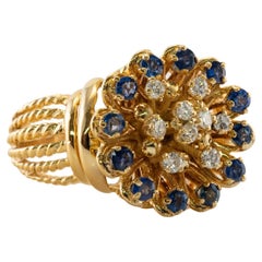 Retro Art Deco Style Diamond Sapphire Flower Ring 18K Gold Band