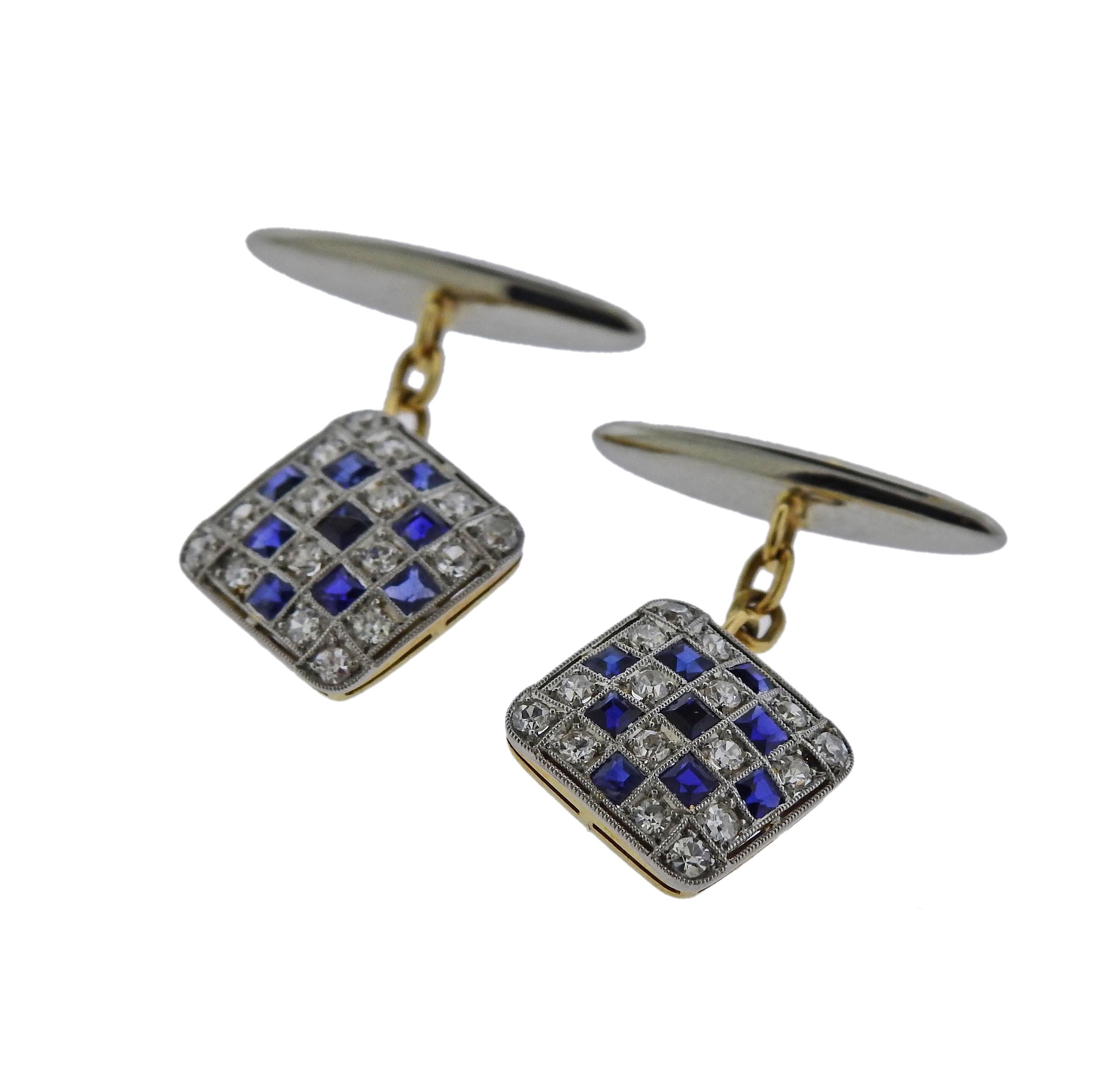Pair of Art Deco, circa 1920s 18k white and yellow gold cufflinks, set with sapphires and approx. 0.32ctw in old mine cut diamonds, featuring checkered pattern. Cufflink top is 12mm x 12mm and weigh 5.4 grams. Tested 18k. 