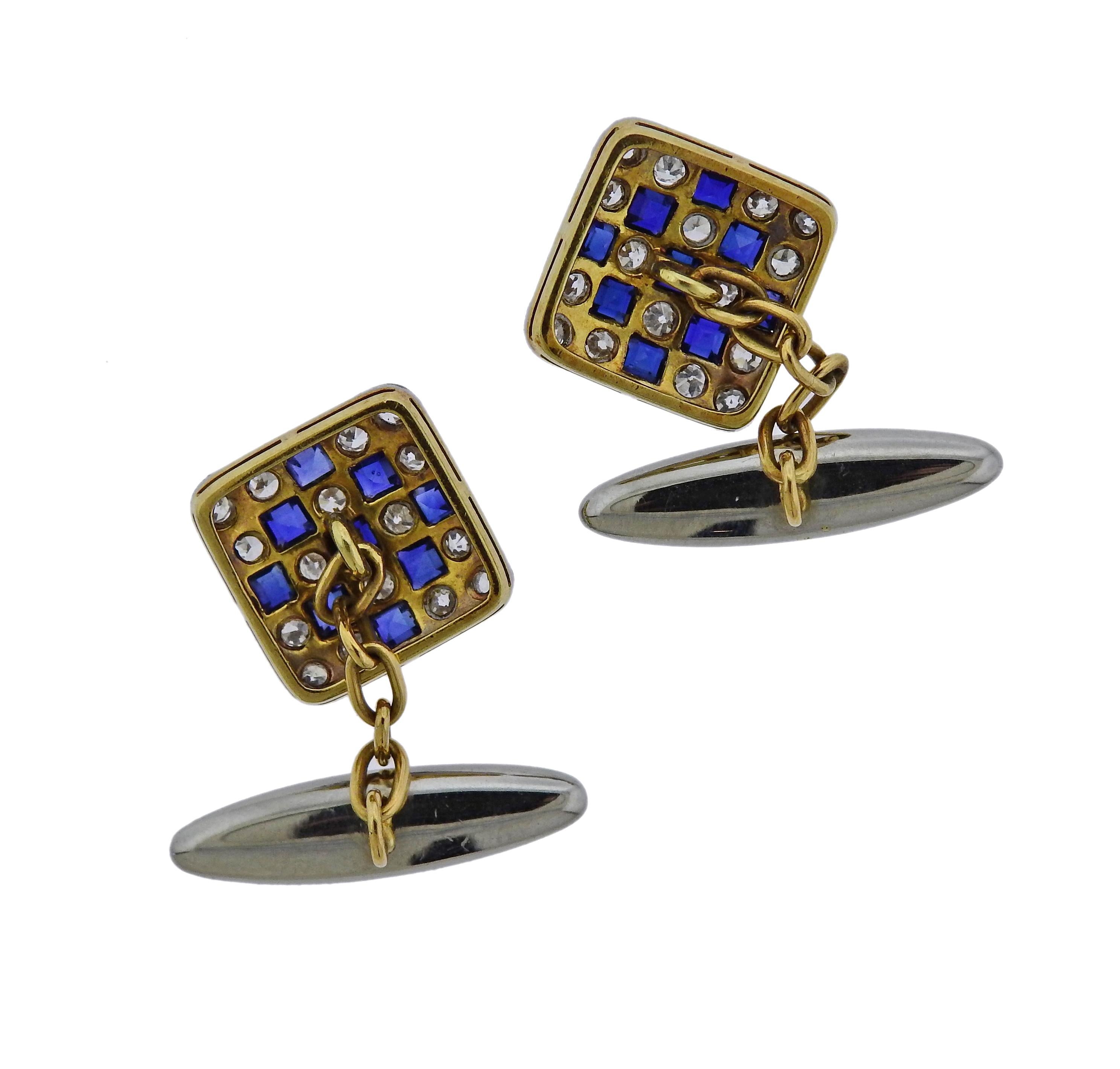 Art Deco Diamond Sapphire Gold Classic Cufflinks In Excellent Condition For Sale In Lambertville, NJ