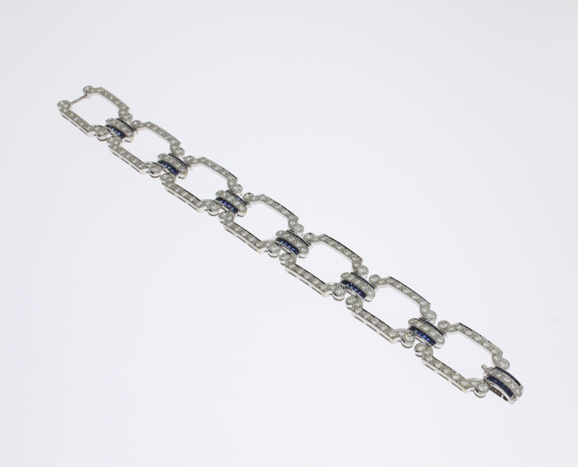 French Cut Art Deco Diamond Sapphire Gold Link Bracelet For Sale