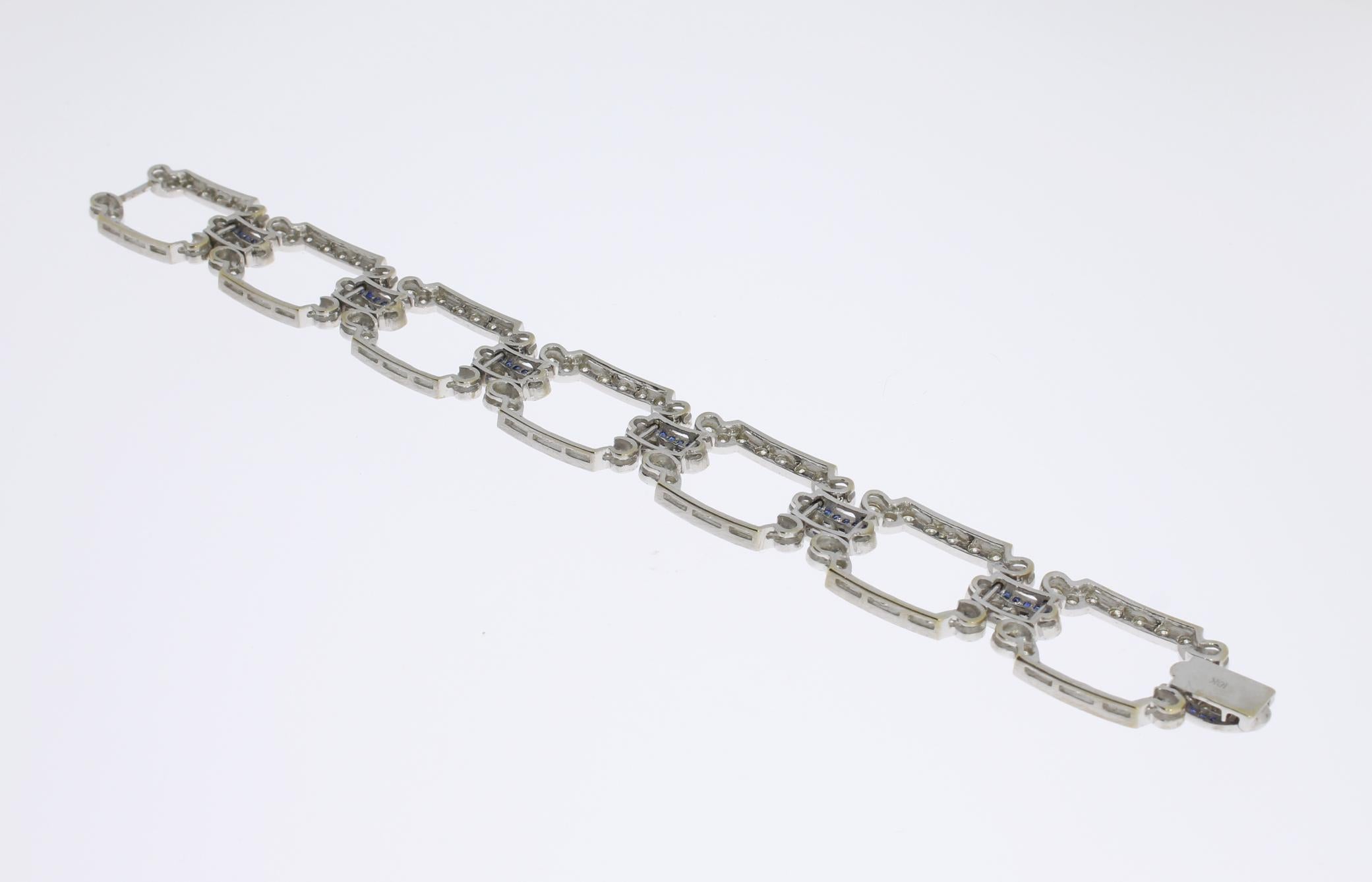 Art Deco Diamond Sapphire Gold Link Bracelet For Sale 1