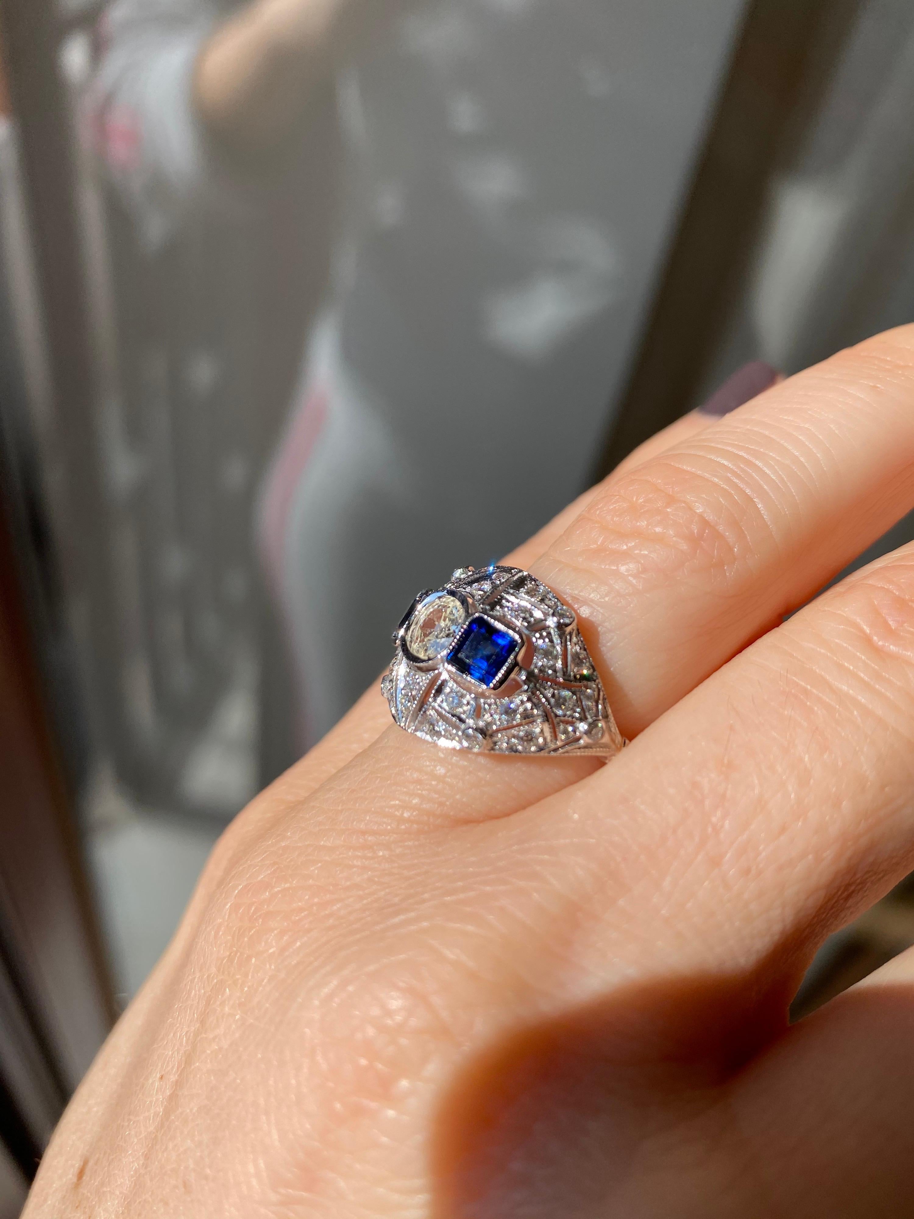 Art Deco Diamond Sapphire Gold Ring 9