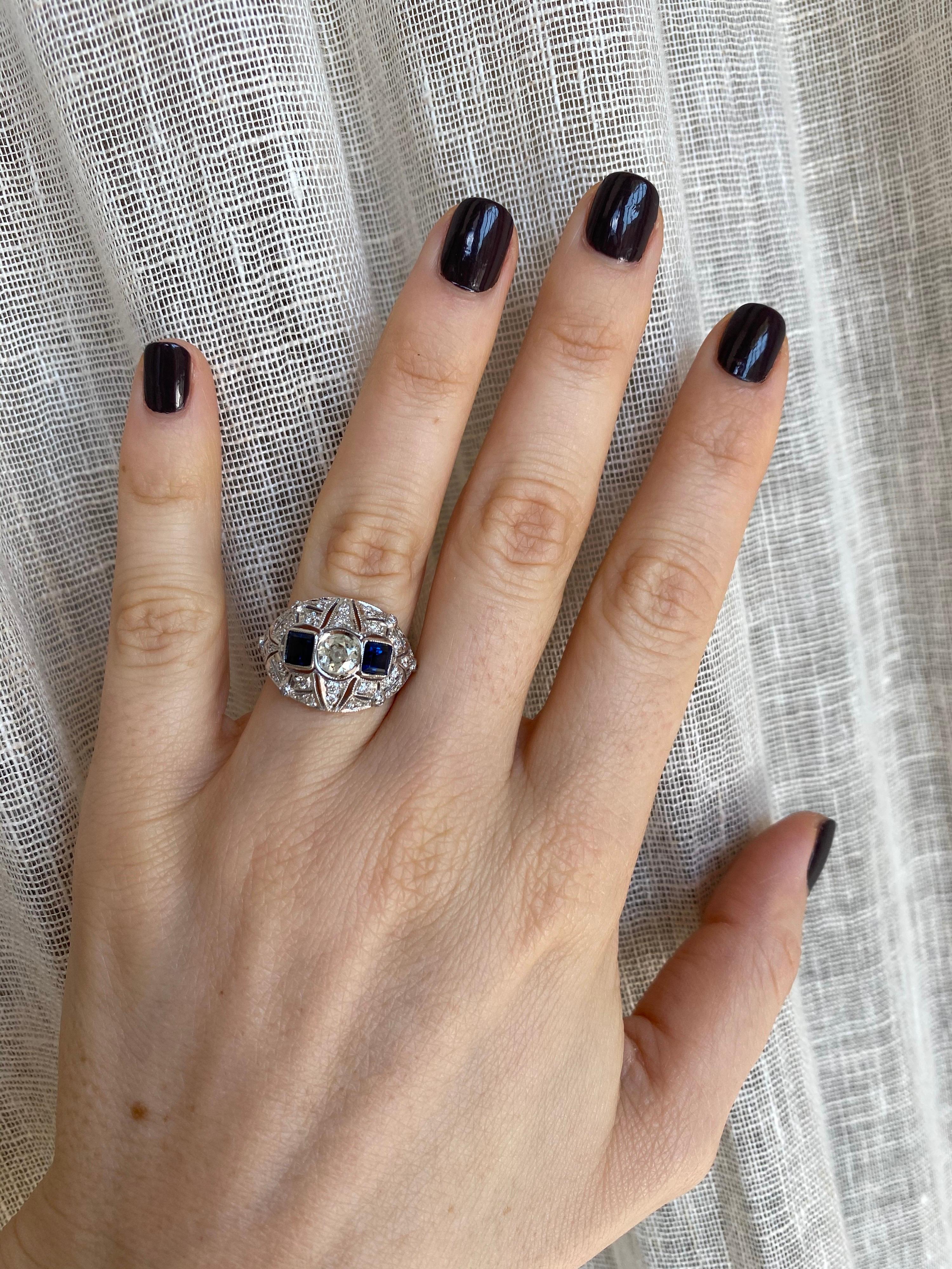 Art Deco Diamond Sapphire Gold Ring 10