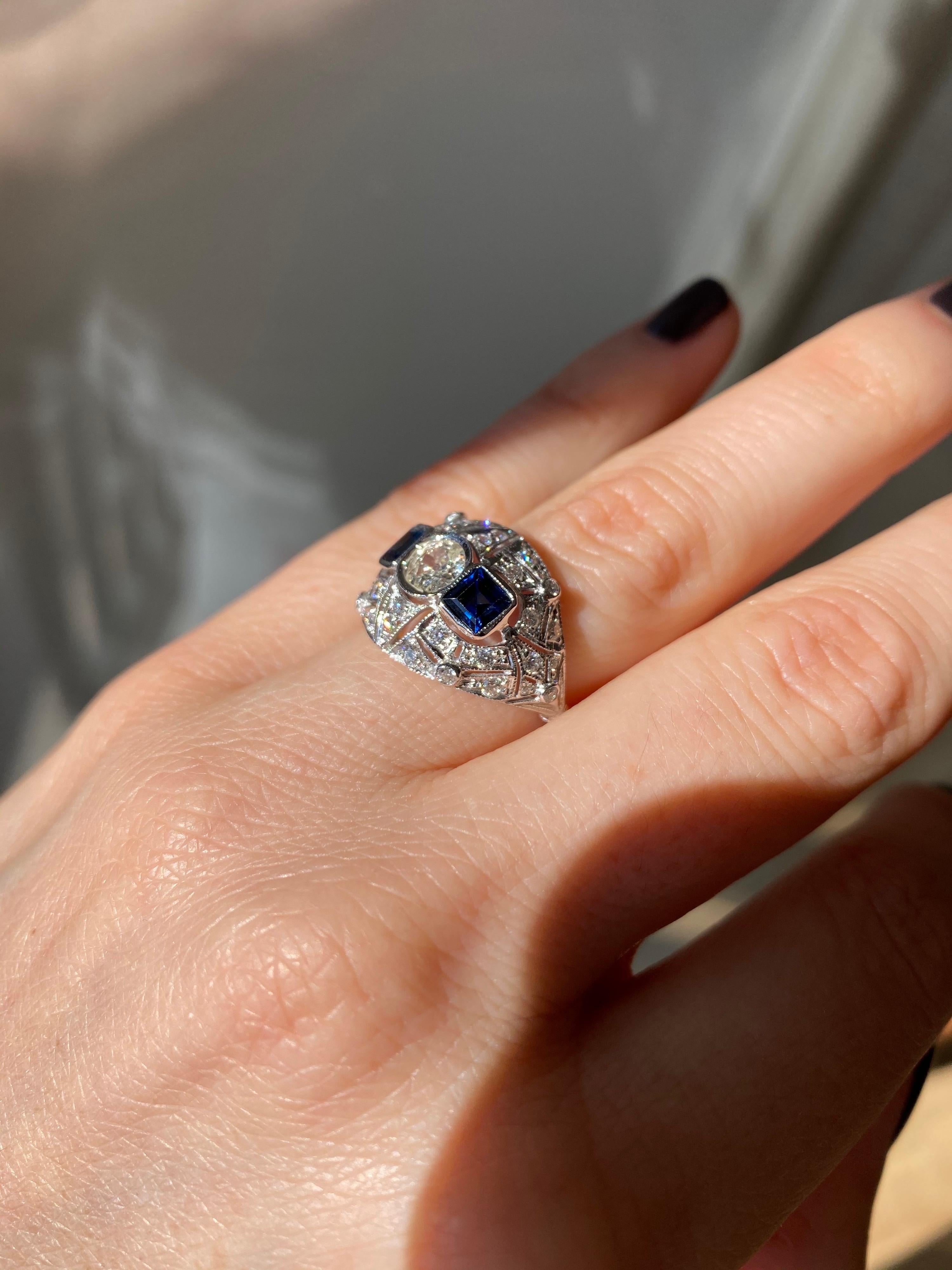 Art Deco Diamond Sapphire Gold Ring 14