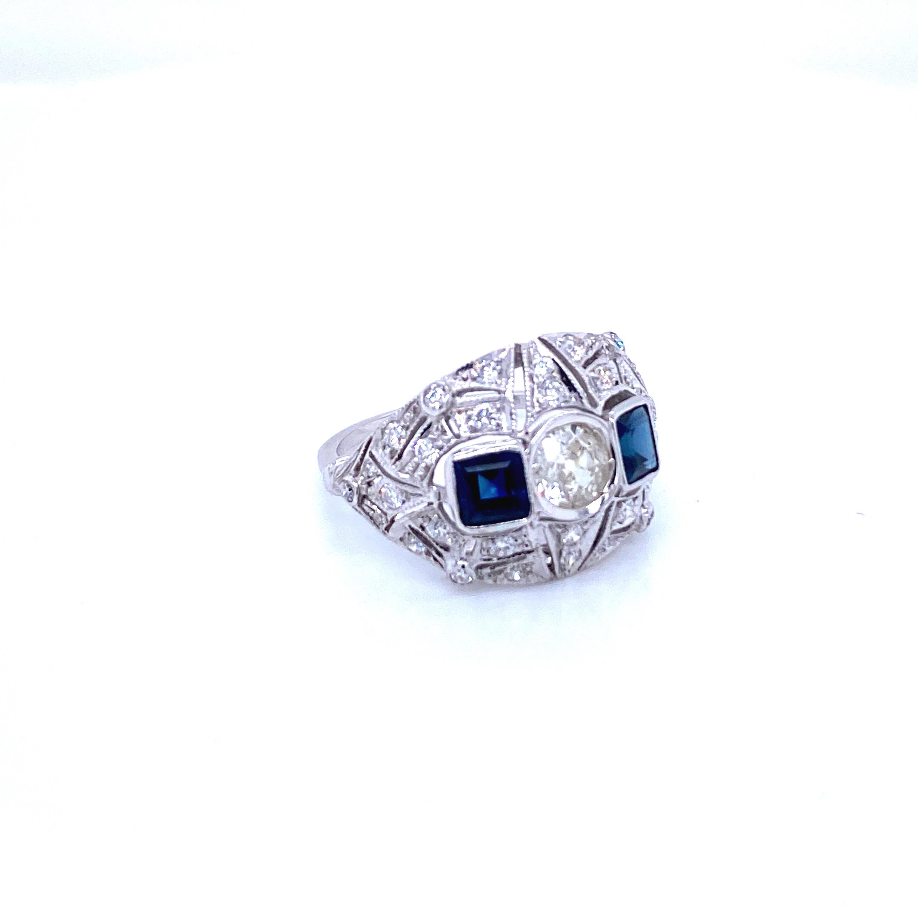 Women's Art Deco Diamond Sapphire Gold Ring