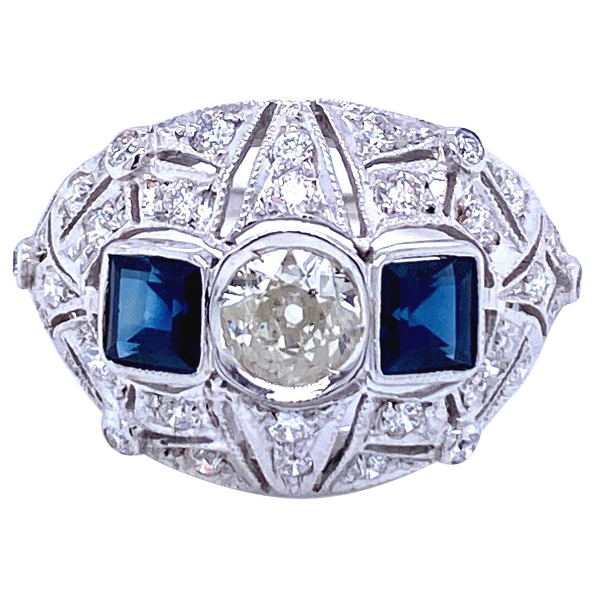 Art Deco Diamond Sapphire Gold Ring