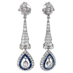 Art Deco Diamond Sapphire Hanging Platinum Earring
